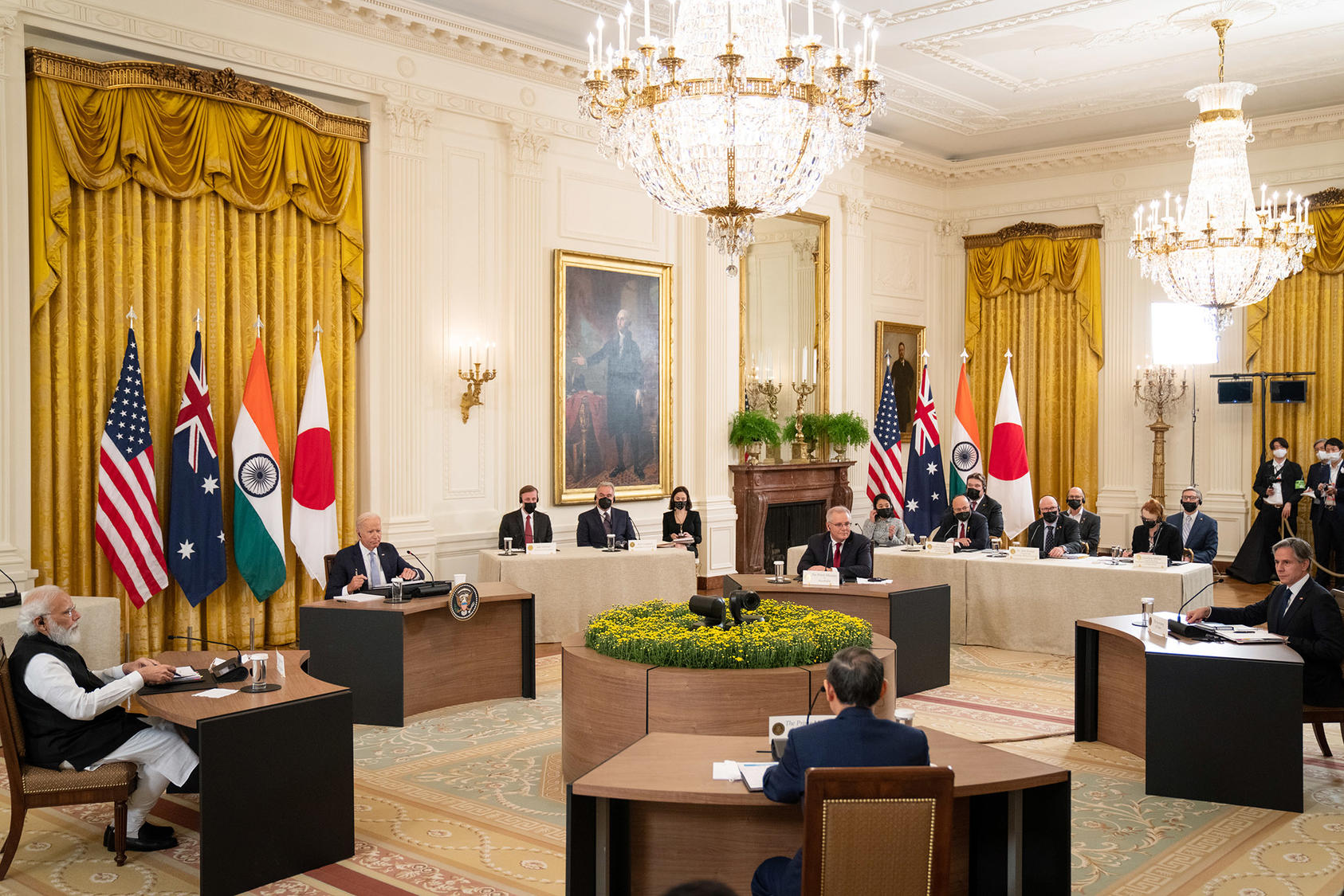 The prime ministers of India, Australia and Japan meet with President Joe Biden and Secretary of State Antony Blinken at the White House for the Quad Leaders’ Summit. September 24, 2021. (Sarahbeth Maney/The New York Times)