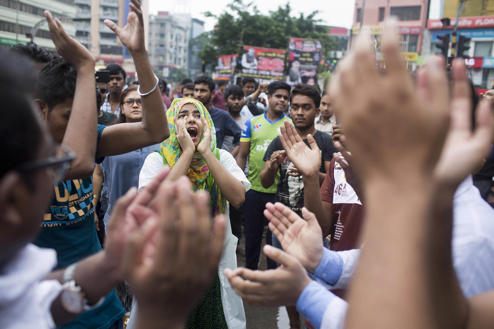 Students block a road in Dhaka, Bangladesh, on August 2, 2018, while protesting the death of two college students in a bus accident. Bangladeshi students have been active in demonstrations ranging from road safety to women’s rights. (A. M. Ahad/AP)