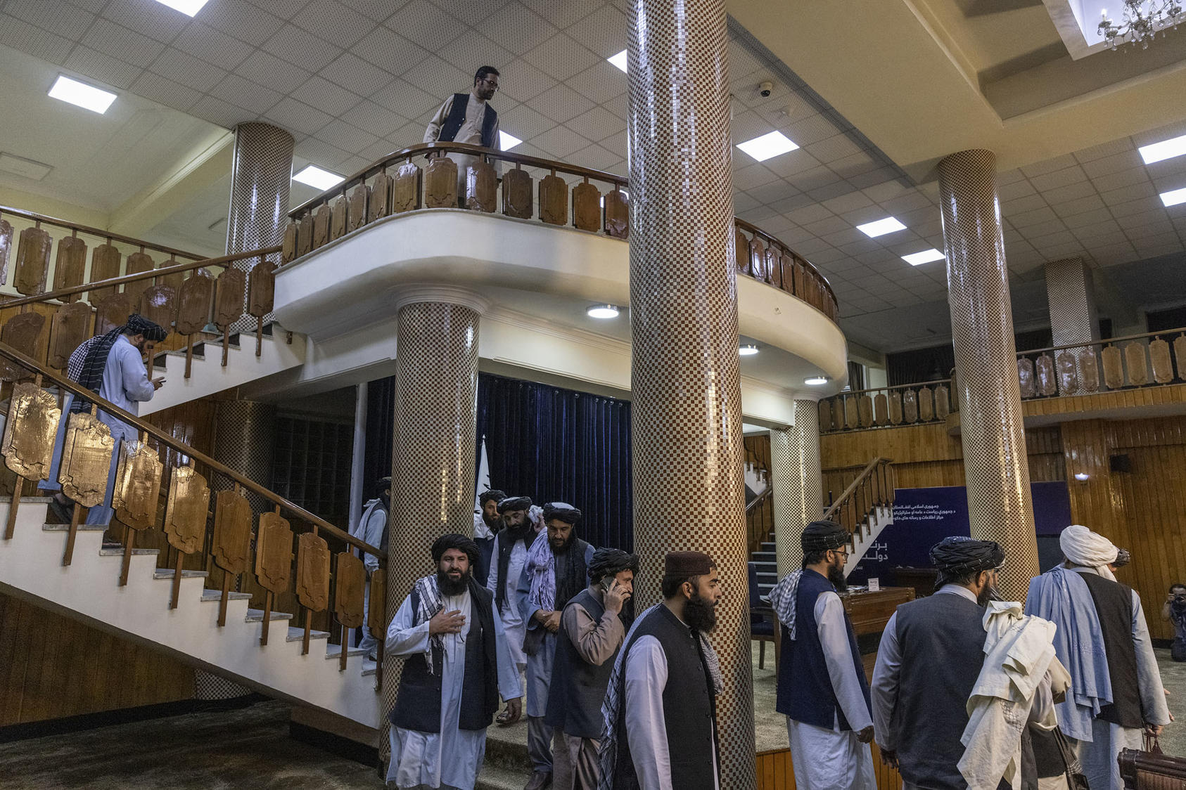 Taliban officials arrive at a news conference to announce an acting cabinet for the new Taliban government in Kabul. September 7, 2021. (Victor J. Blue/The New York Times)