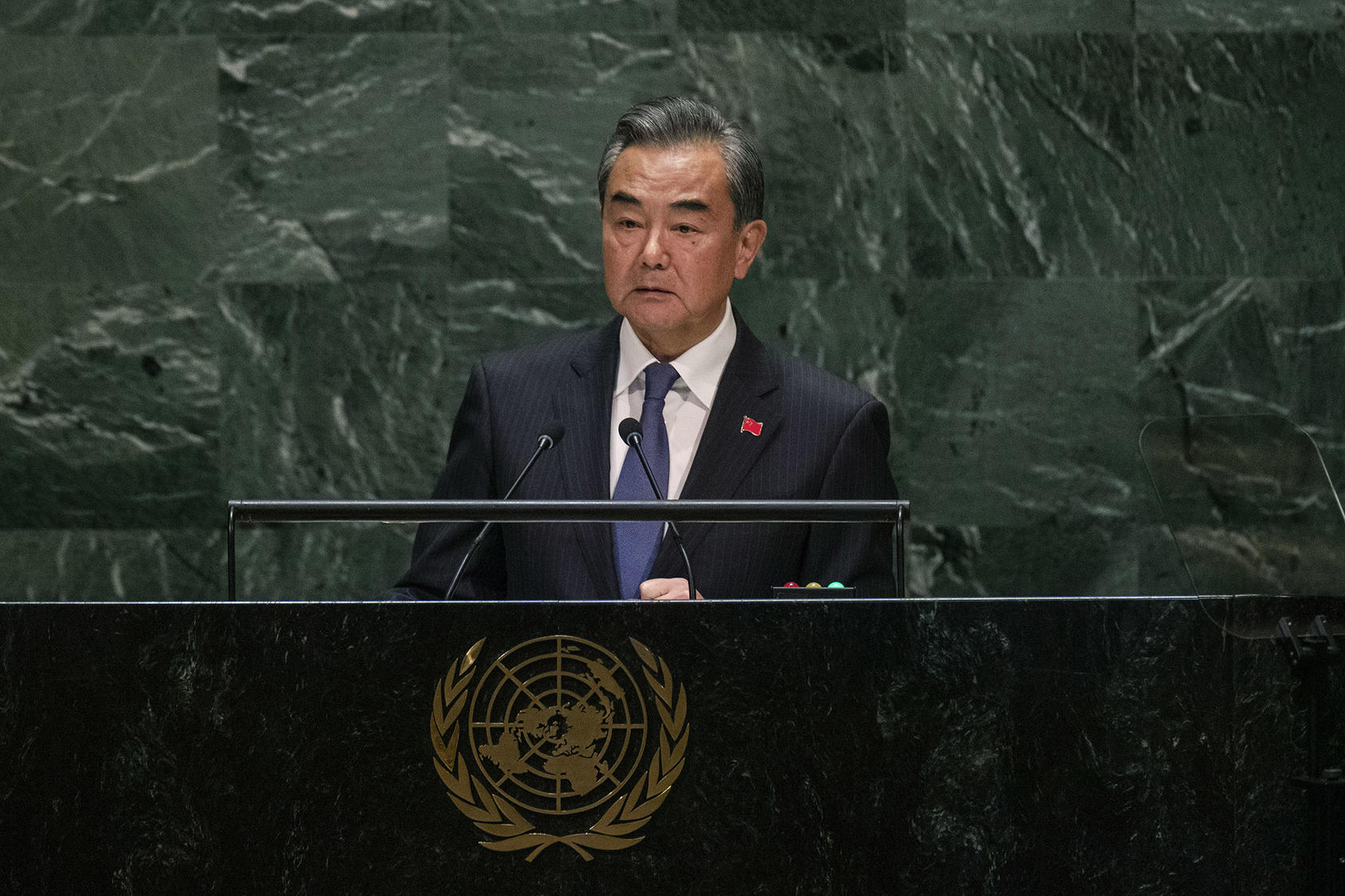 Foreign Minister Wang Yi of China addresses the United Nations General Assembly at the U.N. headquarters in New York, Sept. 27, 2019. (Brittainy Newman/The New York Times)