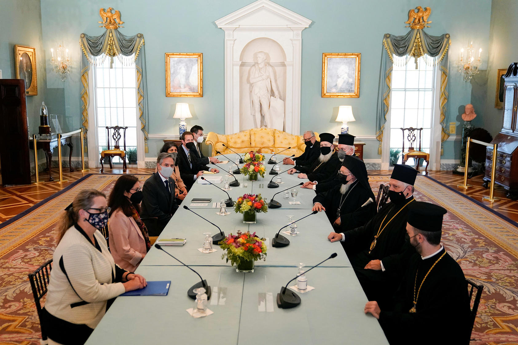 US Secretary of State Antony Blinken speaks at a meeting with Ecumenical Patriarch Bartholomew I of Constantinople on October 25, 2021. (Photo by Patrick Semansky/Reuters)