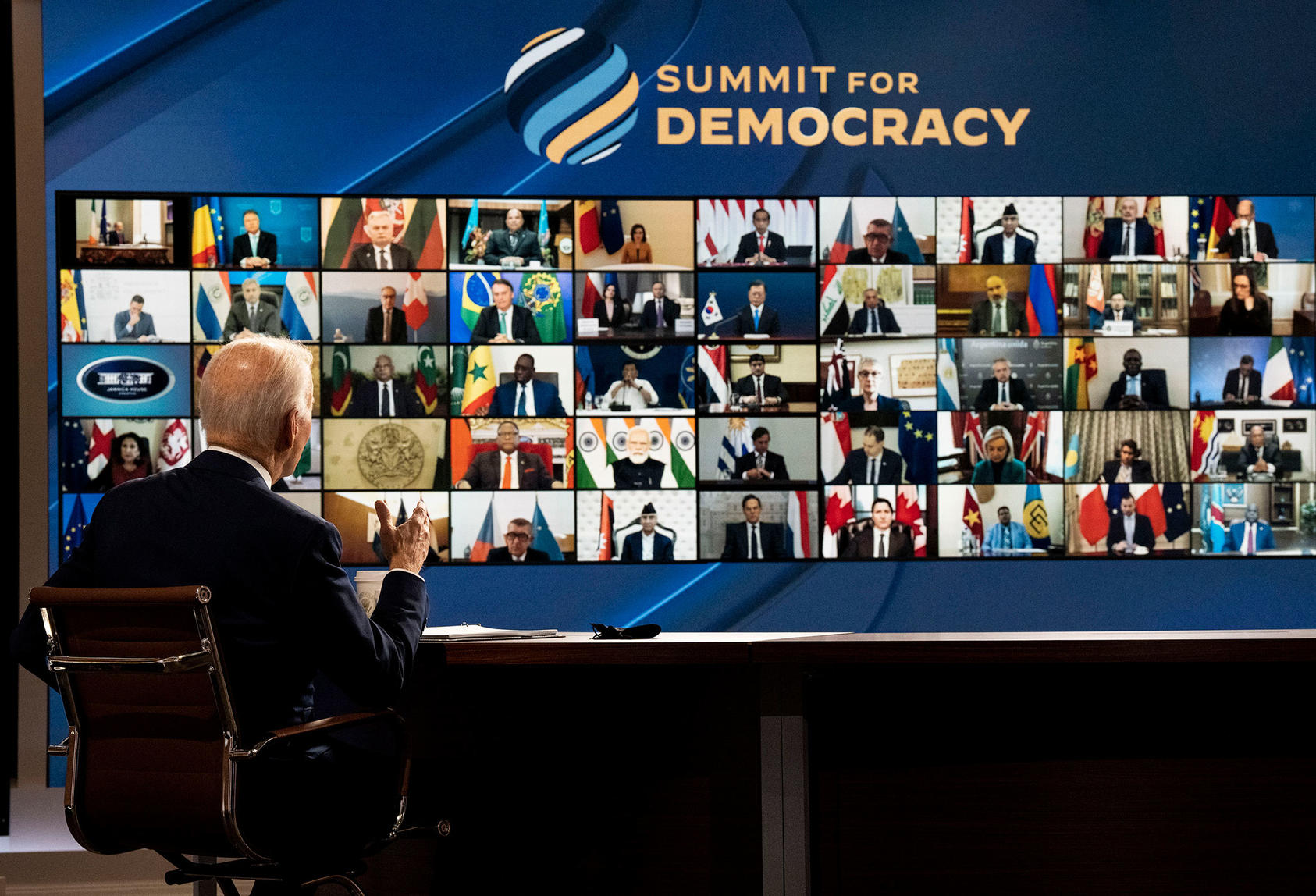 President Joe Biden delivers opening remarks at the virtual Summit for Democracy, at the White House in Washington on Thursday Dec. 9, 2021. (Doug Mills/The New York Times)