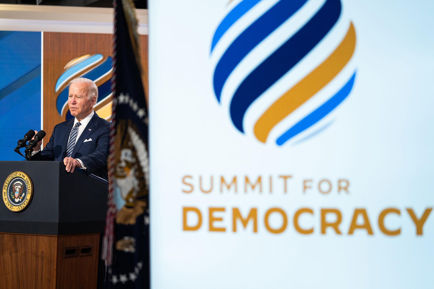 President Joe Biden makes closing remarks at the virtual Summit for Democracy, in the South Court Auditorium of the Eisenhower Executive Office Building on the White House grounds in Washington on Dec. 10, 2021. (Sarahbeth Maney/The New York Times)