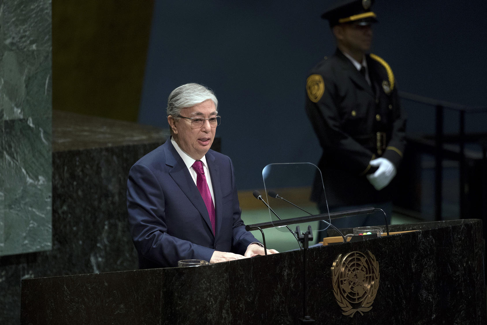 President Kassym-Jomart Tokayev of Kazakhstan, delivers remarks at the United Nations General Assembly at the United Nations headquarters in New York. September 24, 2019. (Dave Sanders/The New York Times)
