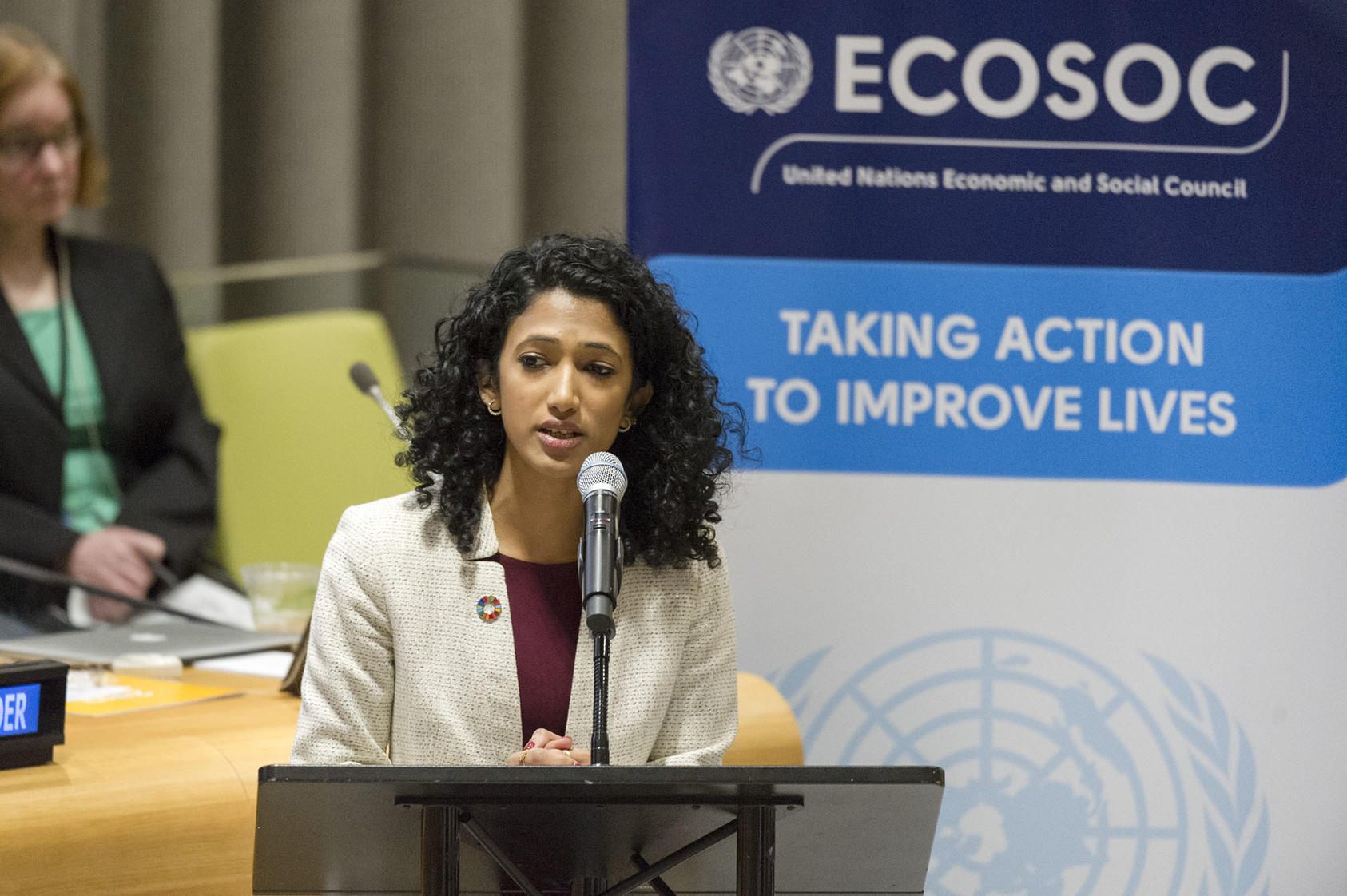Trisha Shetty, founder of SheSays and a U.N. young leader for the sustainable development goals, addresses the 2017 ECOSOC Youth Forum (Rick Bajornas/U.N. Photo)
