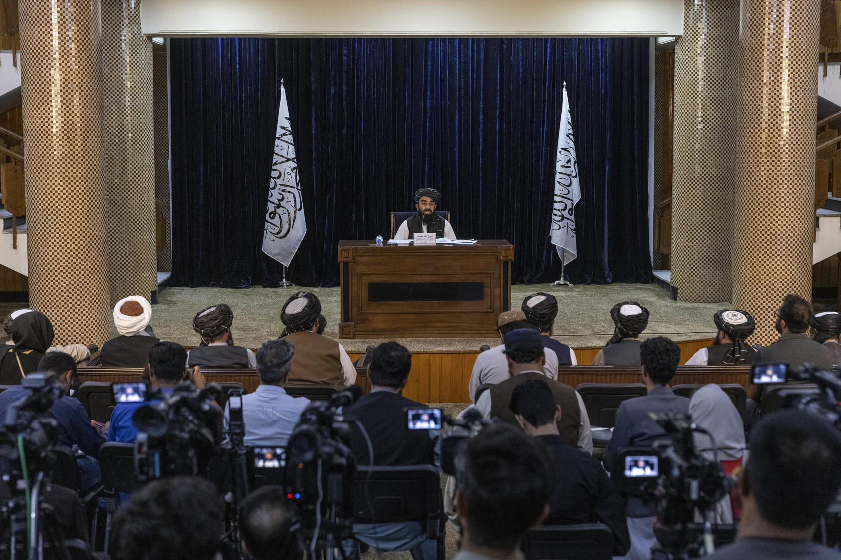 Taliban spokesperson Zabih Ullah Mujahid discusses Afghanistan’s new government in Kabul on September 7, 2021. (Victor J. Blue/New York Times)