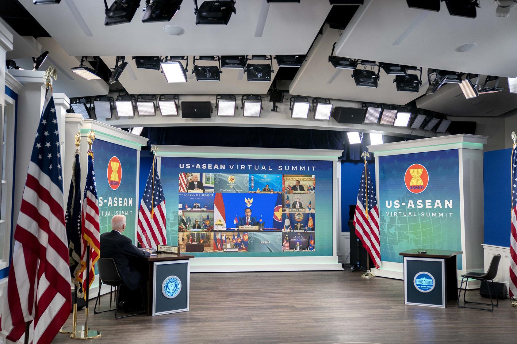 President Biden attends a virtual U.S.-ASEAN Summit meeting, Tuesday, Oct. 26, 2021. (Stefani Reynolds/The New York Times)