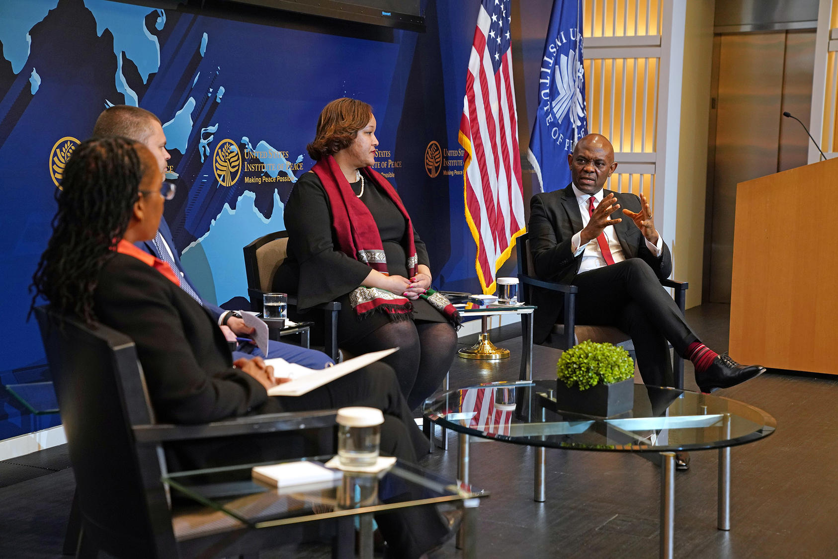 Makila James, a USIP senior advisor; Joshua Meservey, a senior policy analyst at the Heritage Foundation; Dana Banks, senior director for Africa at the U.S. National Security Council; and Tony Elumelu discuss entrepreneurship and peacebuilding in Africa.