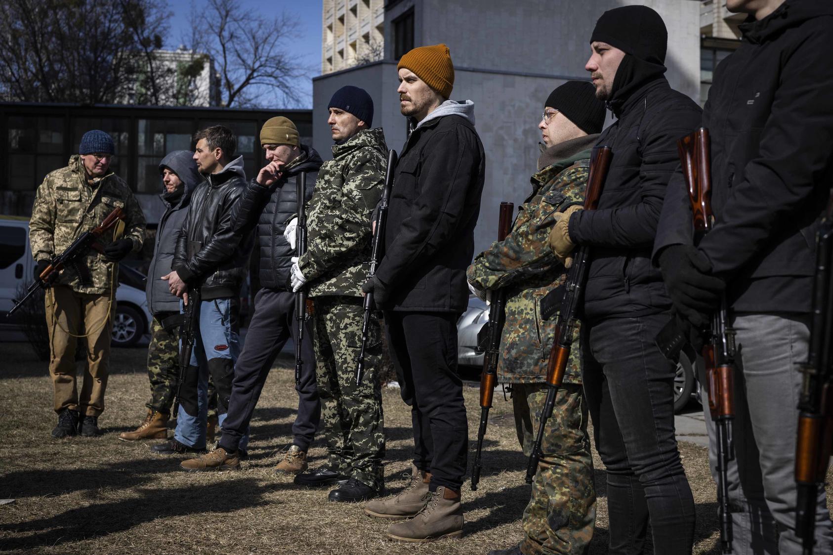 Volunteers with the Territorial Defense Forces near Kyiv, Ukraine March 20, 2022. An eventual post-conflict security challenge Ukraine will face is the need to demobilize tens of thousands of fighters who received weapons and training to fight Russia. (Ivor Prickett/The New York Times)