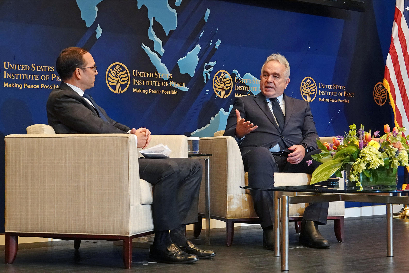 White House Indo-Pacific Coordinator Kurt Campbell (right) explains to USIP Special Advisor Evan Medeiros (left) why ASEAN is central to U.S. strategy in the Indo-Pacific.