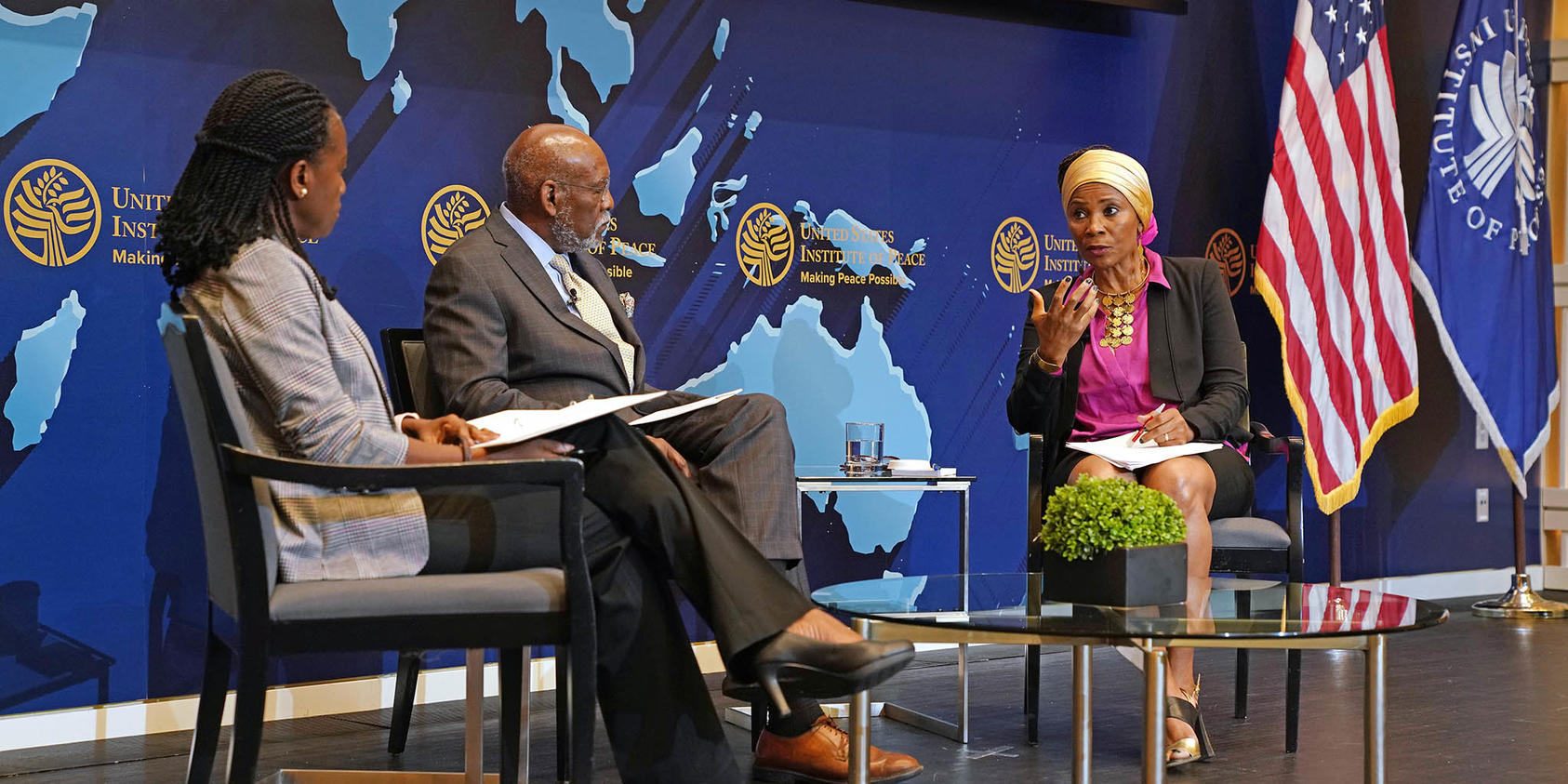 From left to right, USIP Director of West Africa programs Oge Onubogu, USIP Senior Advisor Johnny Carson and U.N. Assistant Secretary-General Ahunna Eziakonwa discuss the impact of Russia’s war in Ukraine on African economies.