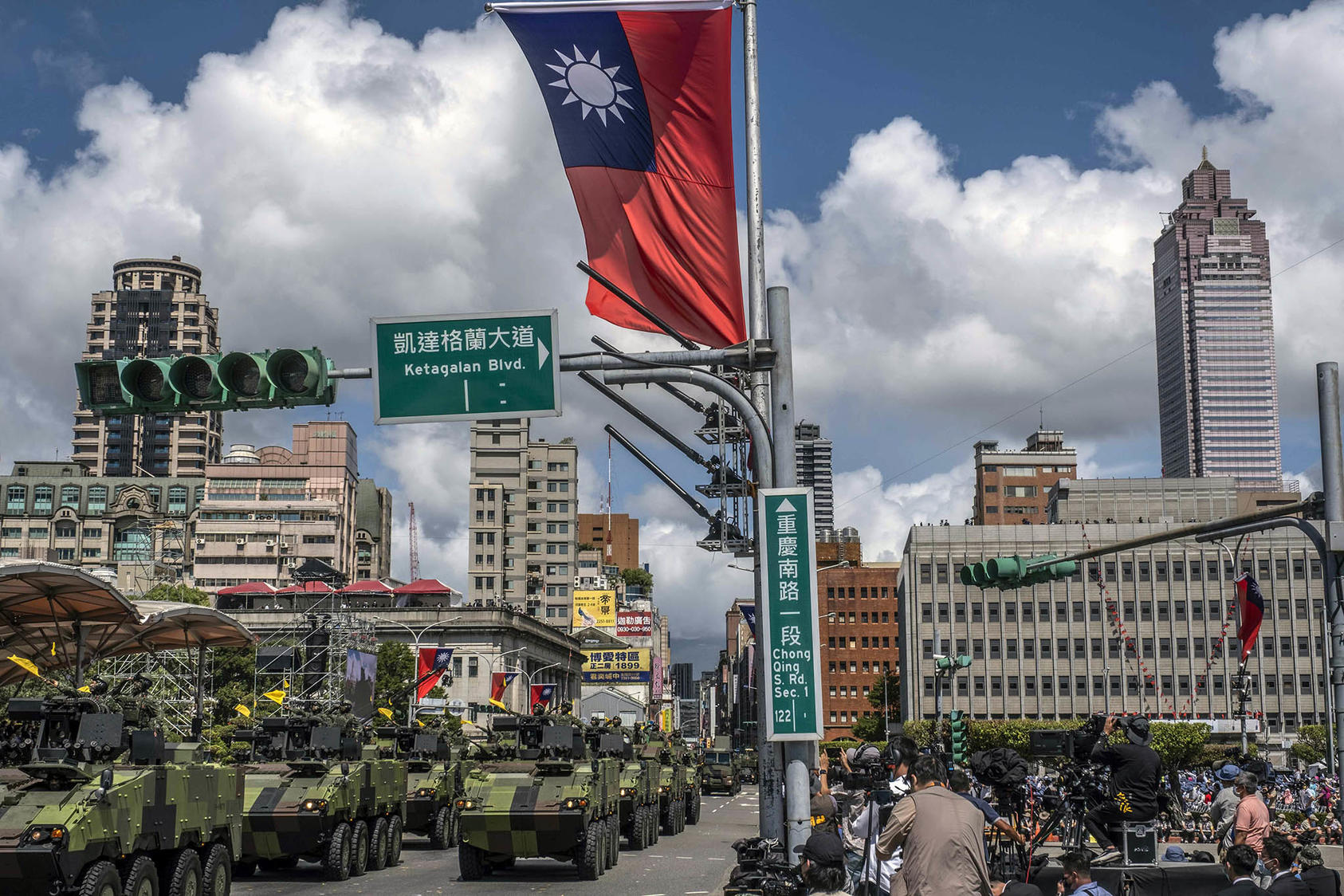 Military vehicles in a parade in Taipei, Taiwan, on Oct. 10, 2021. (Lam Yik Fei/The New York Times)