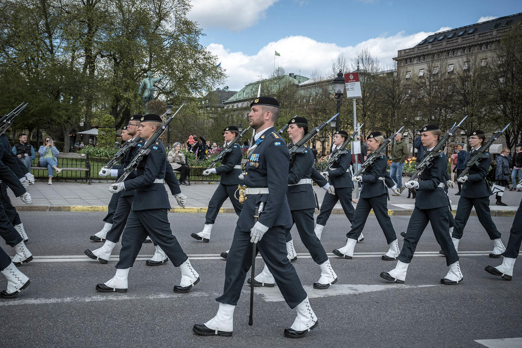Swedish soldiers parade in Stockholm in May, while the Swedish and Finnish governments prepared applications to join NATO. Russia has relaxed its longstanding rhetoric against the Nordic nations joining the alliance. (Sergey Ponomarev/The New York Times)