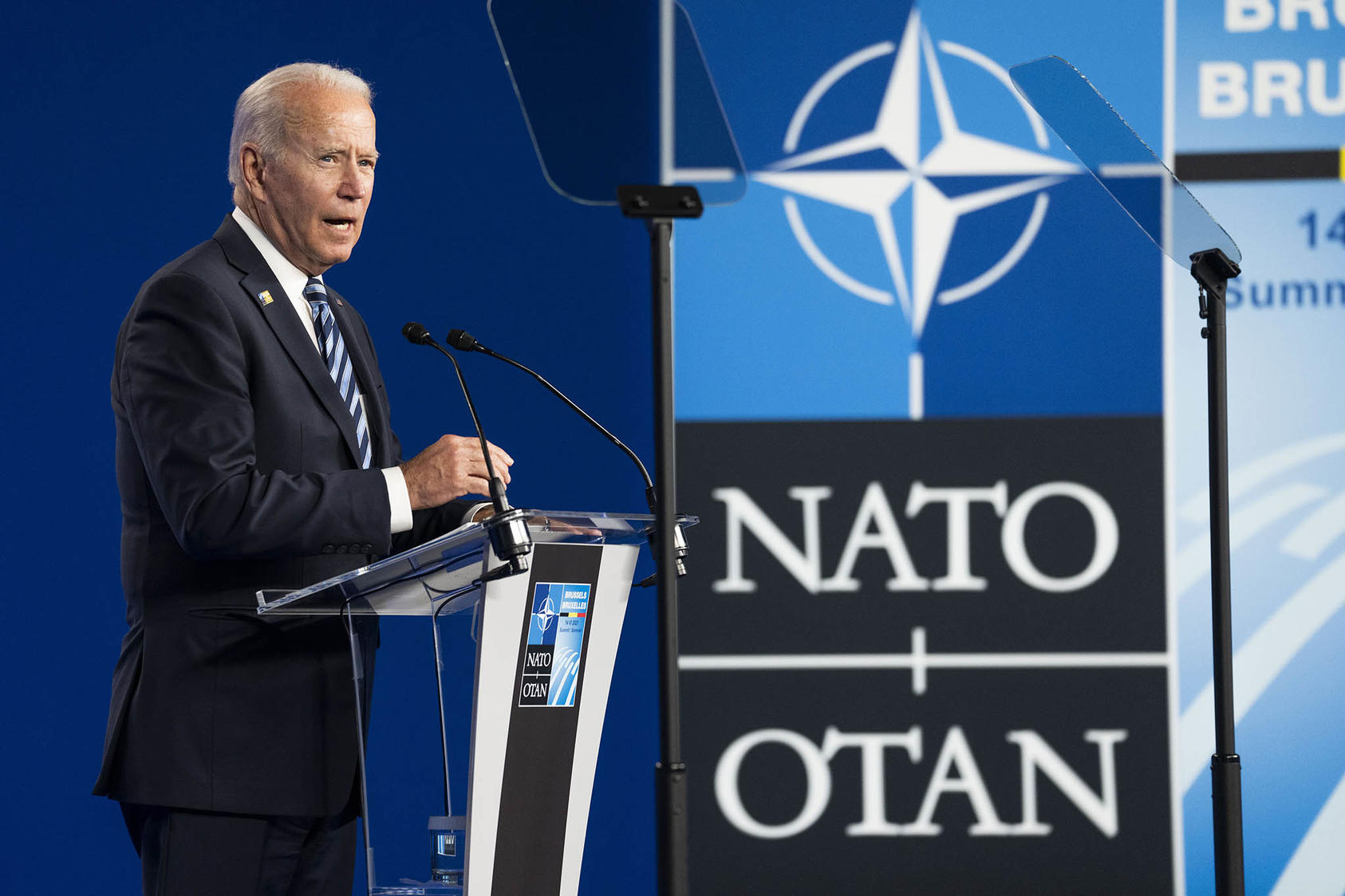 President Joe Biden addresses a news conference at NATO headquarters in Brussels on Monday, June 14, 2021, after a summit that made China’s growing military assertiveness a focus. (Doug Mills/The New York Times)