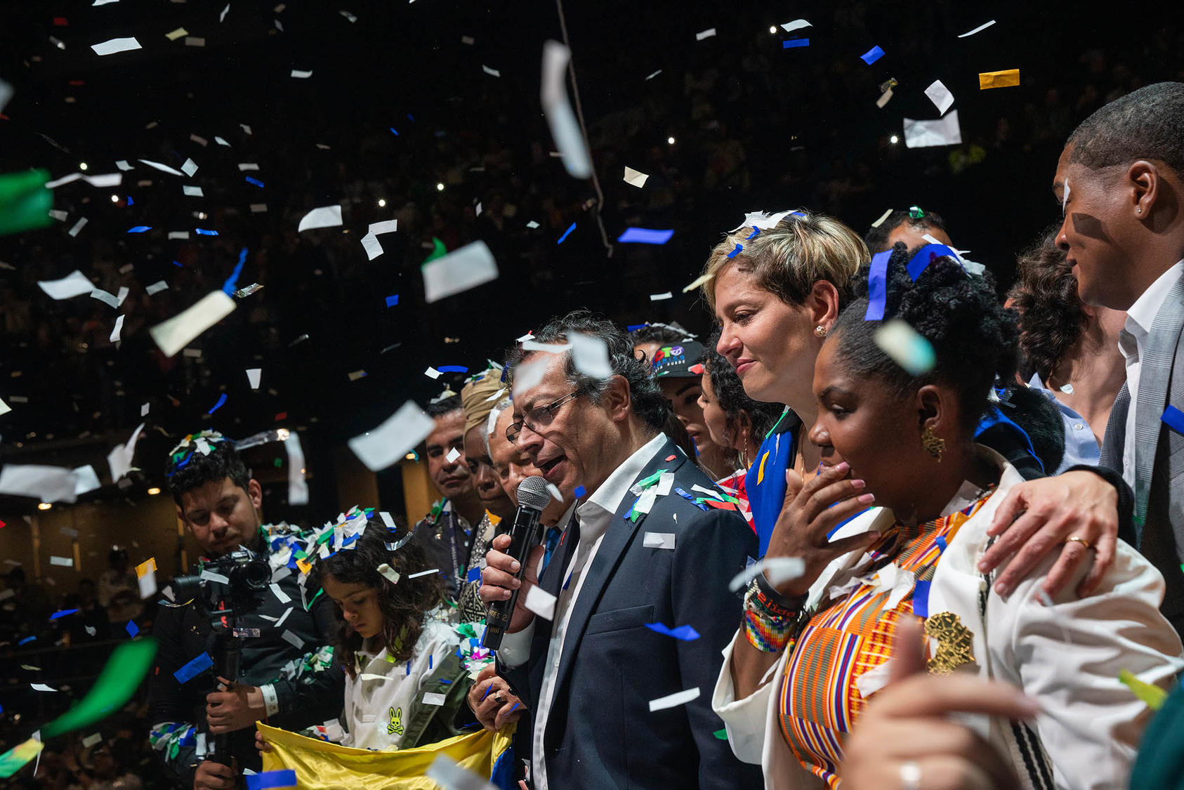 Gustavo Petro and Francia Márquez celebrate after winning the presidential election in Bogotá, Colombia, on Sunday, June 19, 2022. (Federico Rios/The New York Times)
