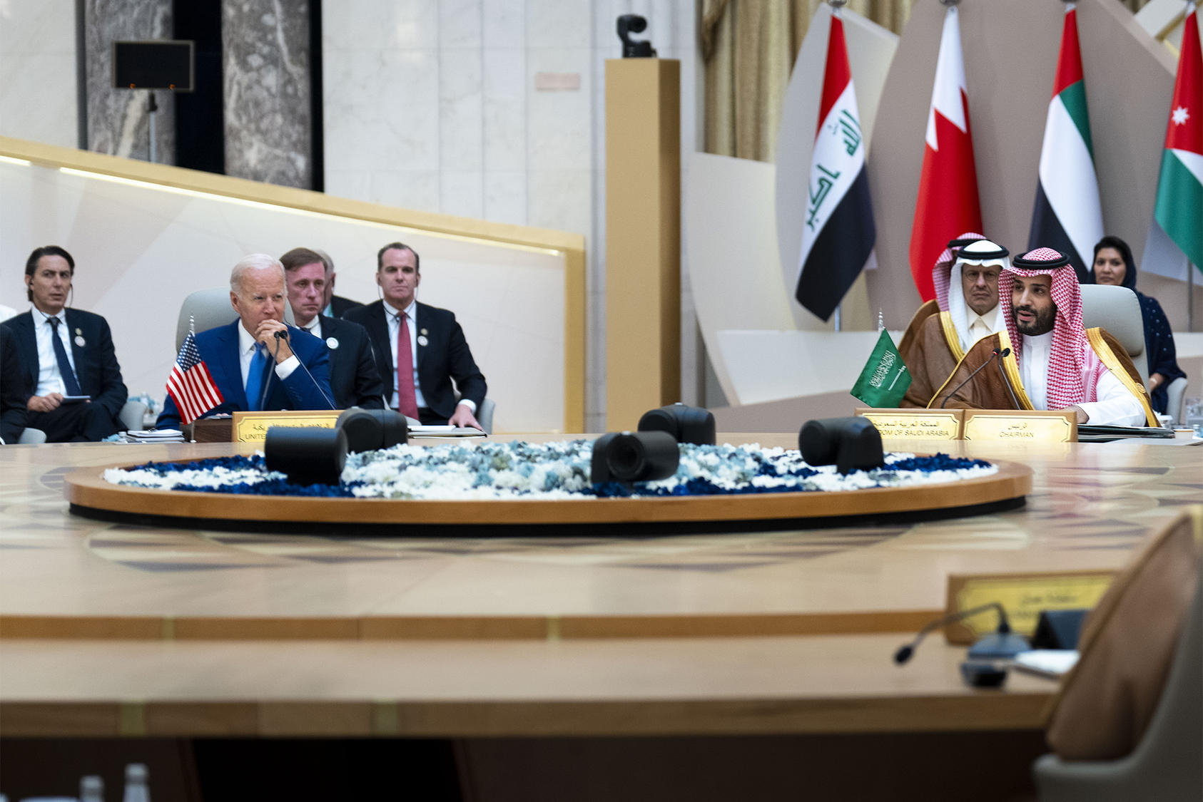 President Joe Biden and Saudi Crown Prince Mohammed bin Salman, far right, attend the Gulf Cooperation Council in Jeddah, Saudi Arabia, on Saturday, July 16, 2022. (Doug Mills/The New York Times)