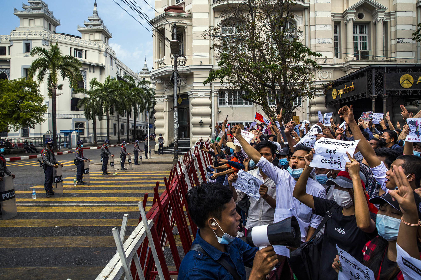 Protesters demonstrate after the military took power in a coup, Yangon, Myanmar, Feb. 8, 2021. The regime announced Monday that it had executed four pro-democracy activists, the first executions in Myanmar in more than three decades. (The New York Times)