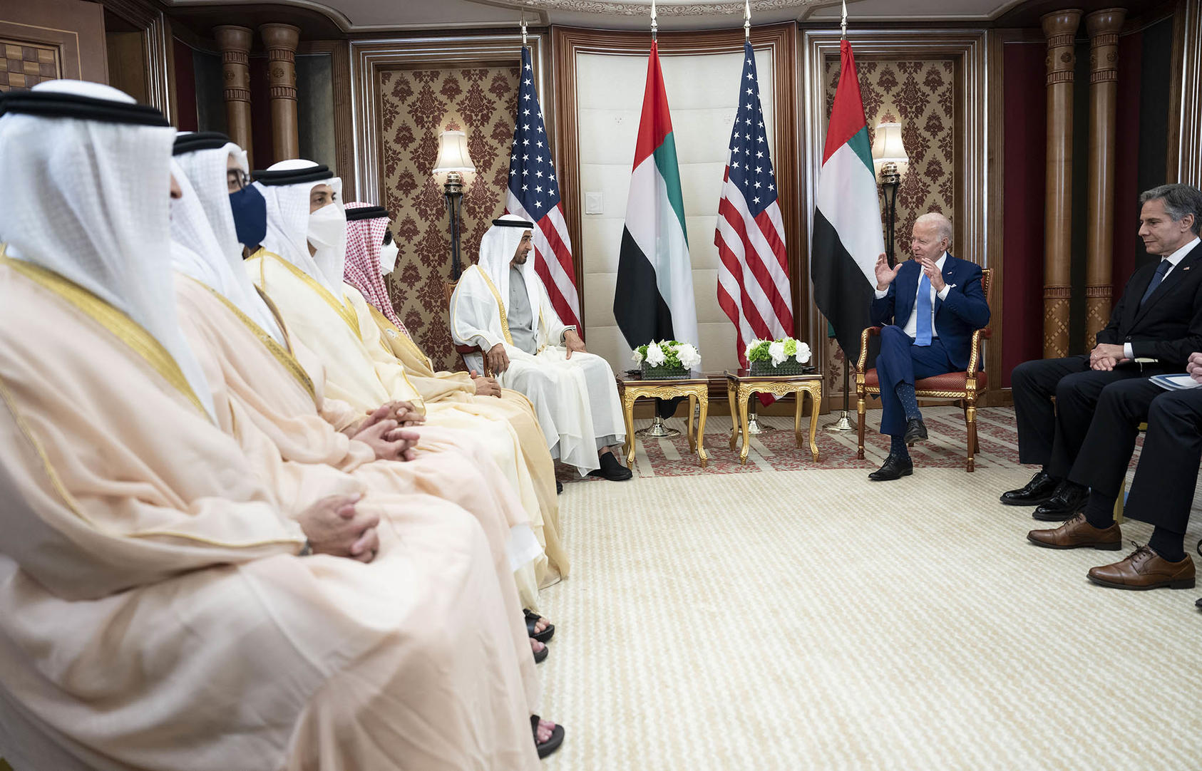 President Joe Biden meets with Abu Dhabi's Crown Prince Mohammed bin Zayed Al Nahyan in Jeddah, Saudi Arabia, on Saturday, July 16, 2022. (Doug Mills/The New York Times)
