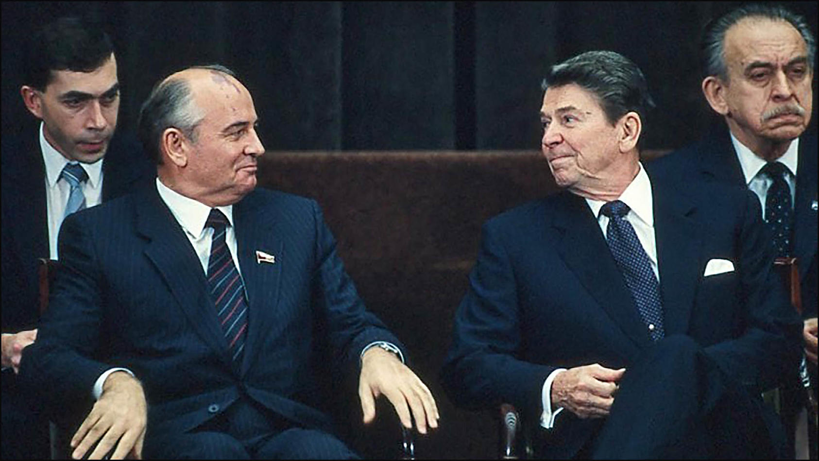 Mikhail Gorbachev and Ronald Reagan exchange glances after their first meetings over two days in Geneva in 1985. Gorbachev’s establishment of personal relations with Western leaders was vital in ending the Cold War. (The White House/Bill Fitz-Patrick)