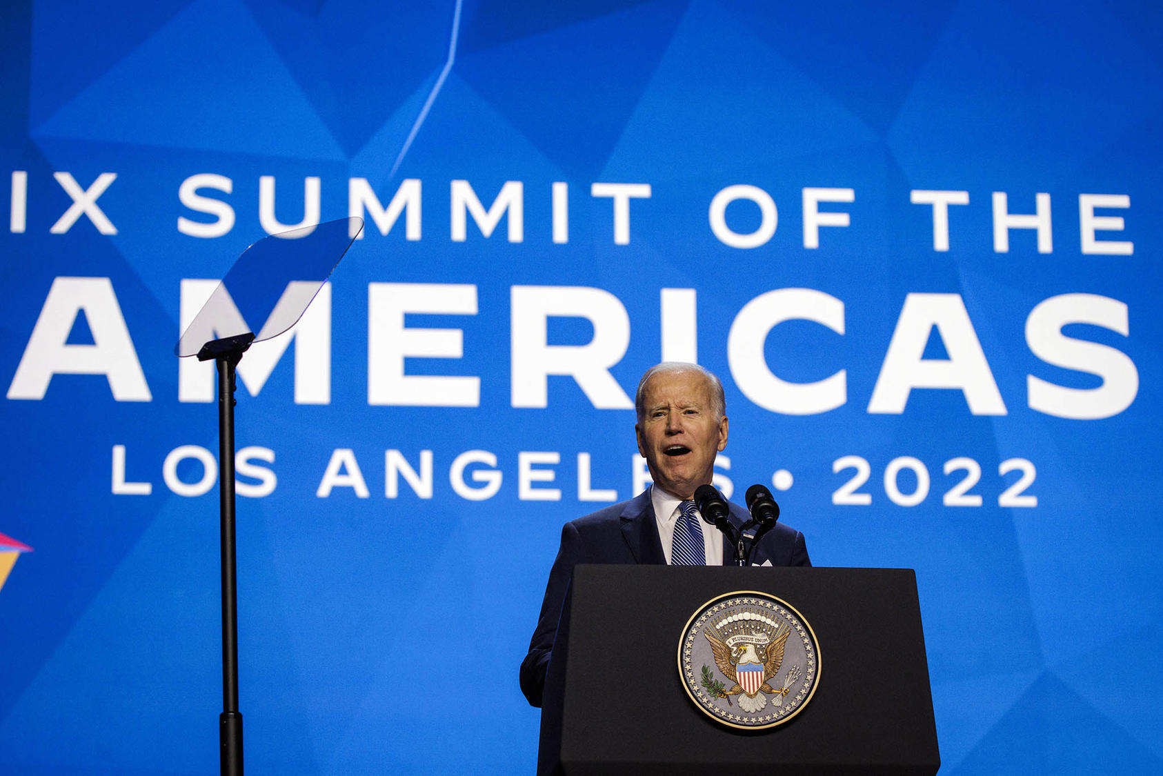 President Joe Biden speaks at the opening ceremony at the Summit of the Americas in Los Angeles. June 8, 2022. (Samuel Corum/The New York Times)