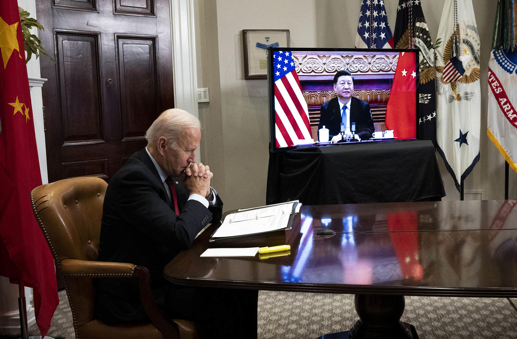 President Joe Biden during a virtual meeting with Xi Jinping, China’s leader, at the White House on Nov. 15, 2021. They have spoken only five times since early 2021. (Doug Mills/The New York Times)