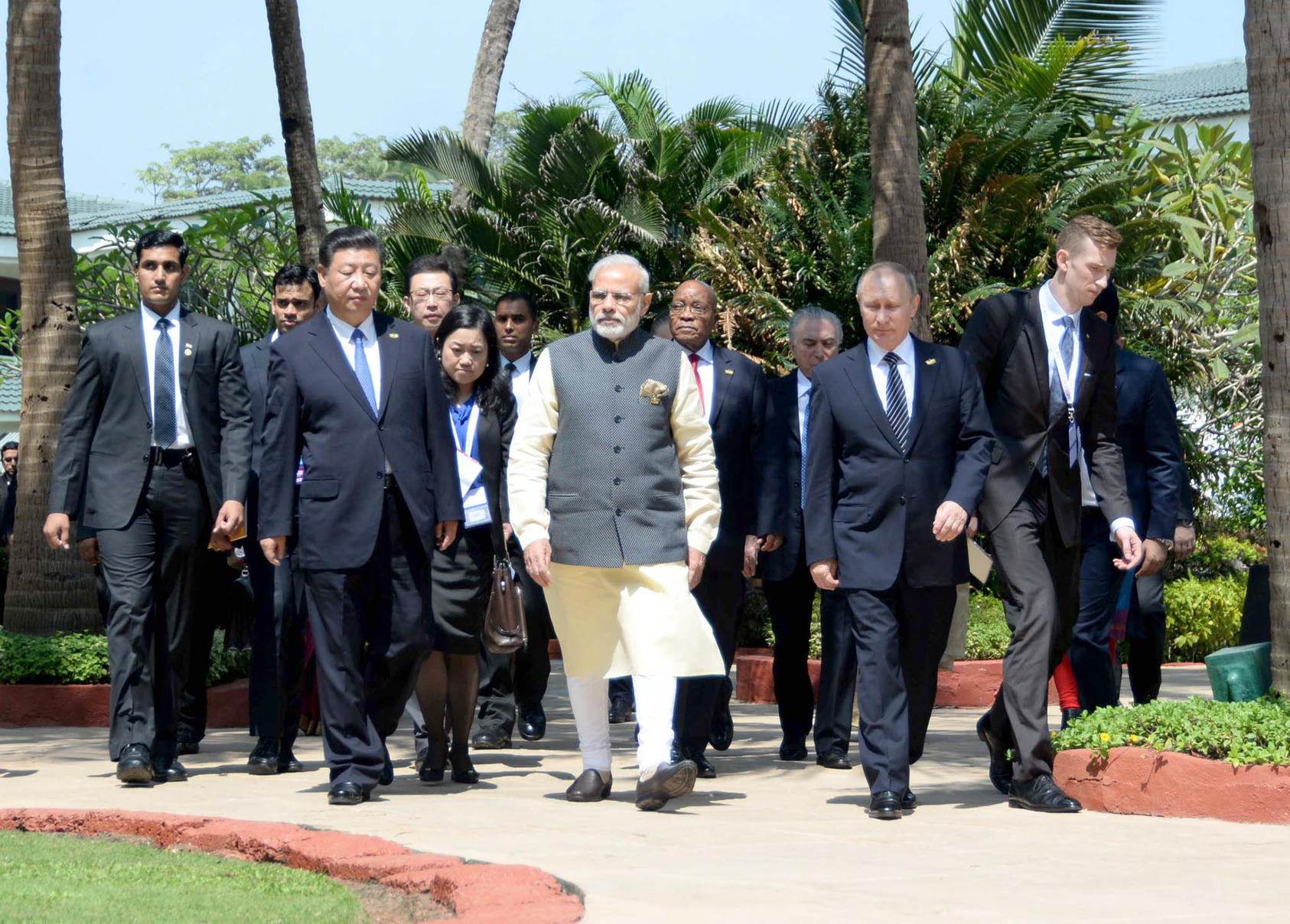 From left to right, Russian President Vladimir Putin, Indian Prime Minister Narendra Modi and Chinese President Xi Jinping, at the 2016 BRICS Summit-2016, in Goam India, October 16, 2016.