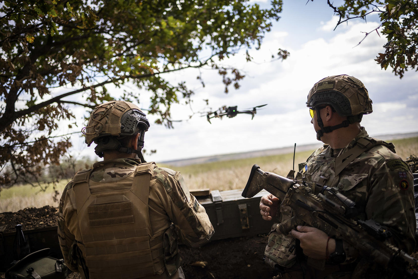 Ukrainian soldiers operate a drone near the frontlines of the war with Russia. (Jim Huylebroek/The New York Times)