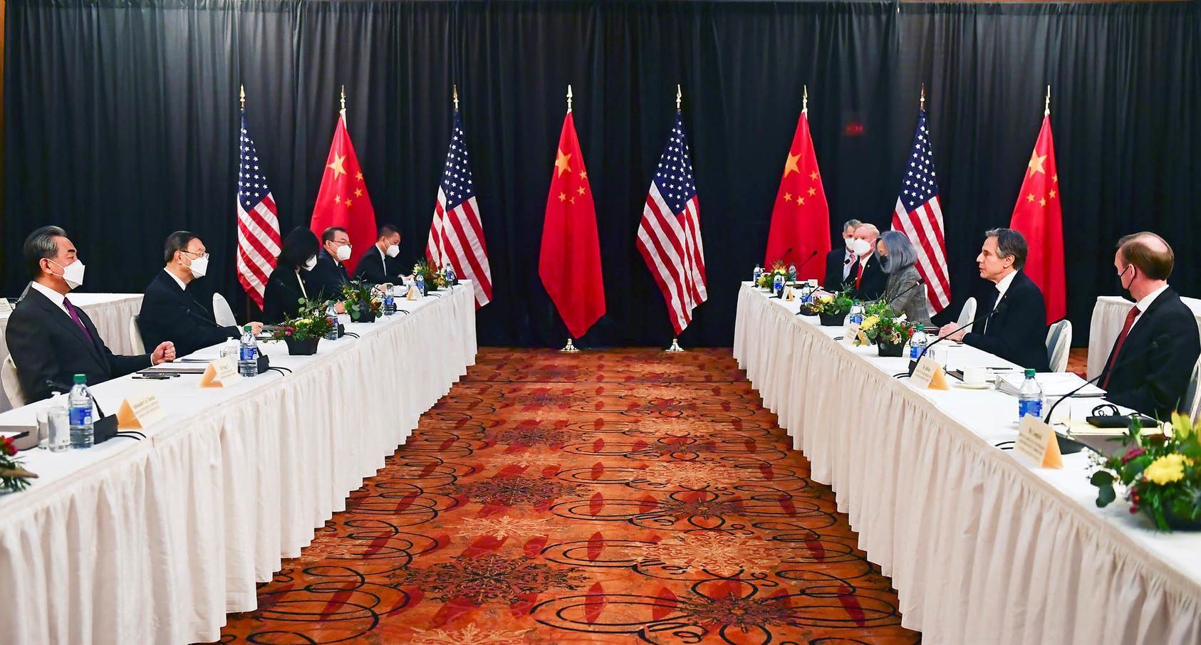 US and Chinese delegations led by US Secretary of State Antony Blinken, second from right, and Yang Jiechi, director of the Central Foreign Affairs Commission Office, second from left, met for talks in Anchorage, Alaska, on March 18, 2021. (Pool photo by Frederic J. Brown/Reuters)