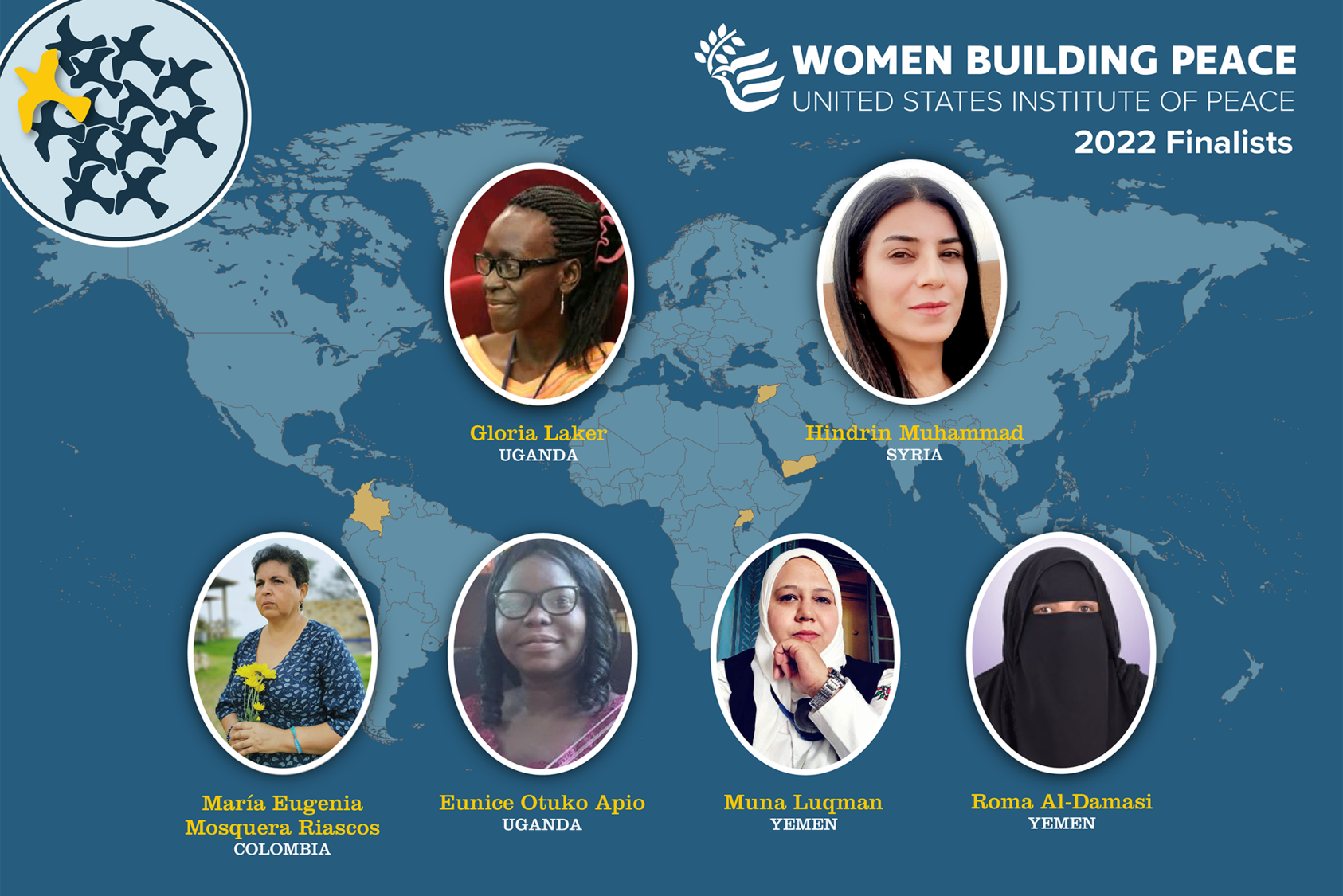 Women Building Peace Award finalist portraits on map