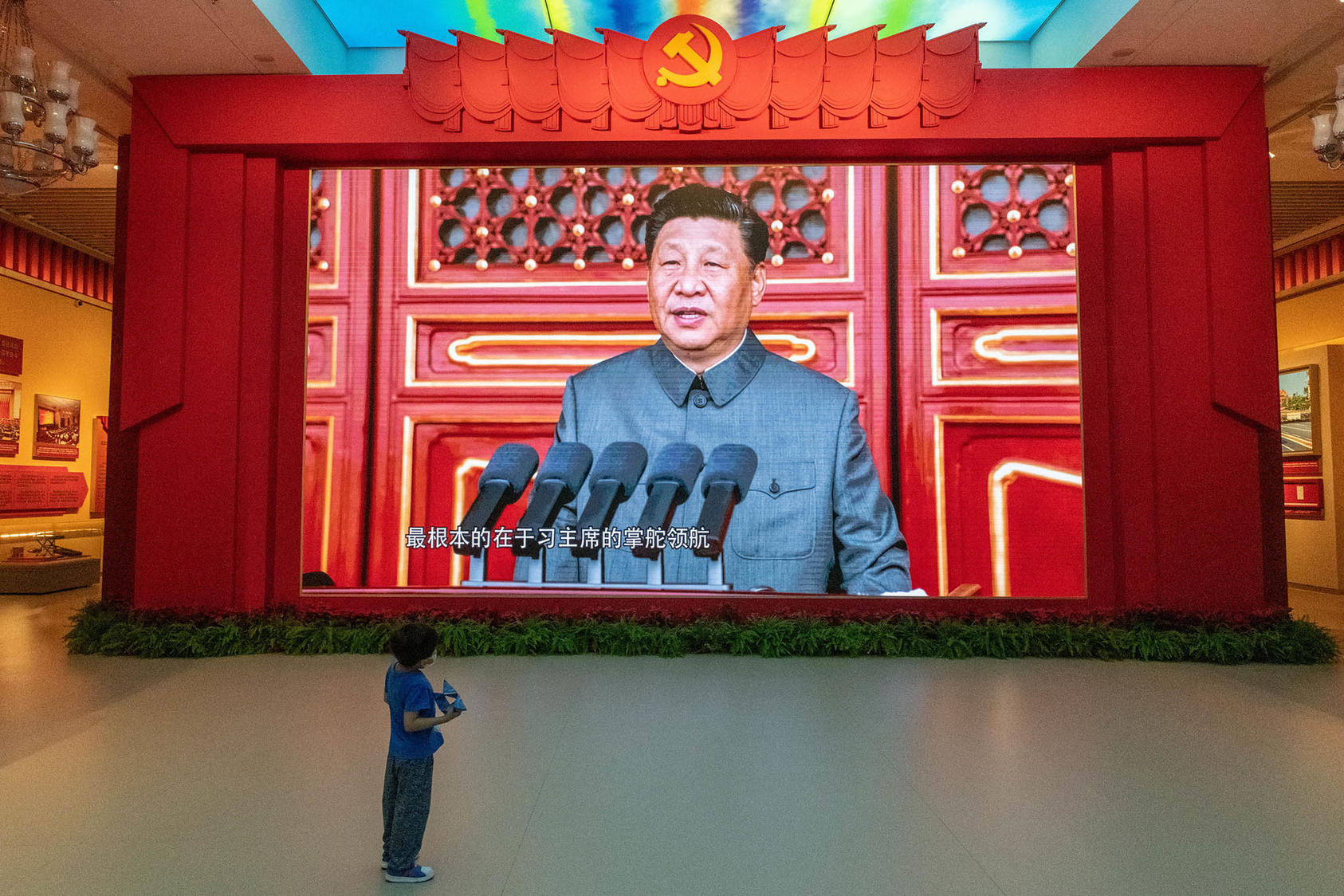 Chinese President Xi Jinping appears in a video at the military museum in Beijing, Sept. 2, 2022. (Gilles Sabrié/The New York Times)