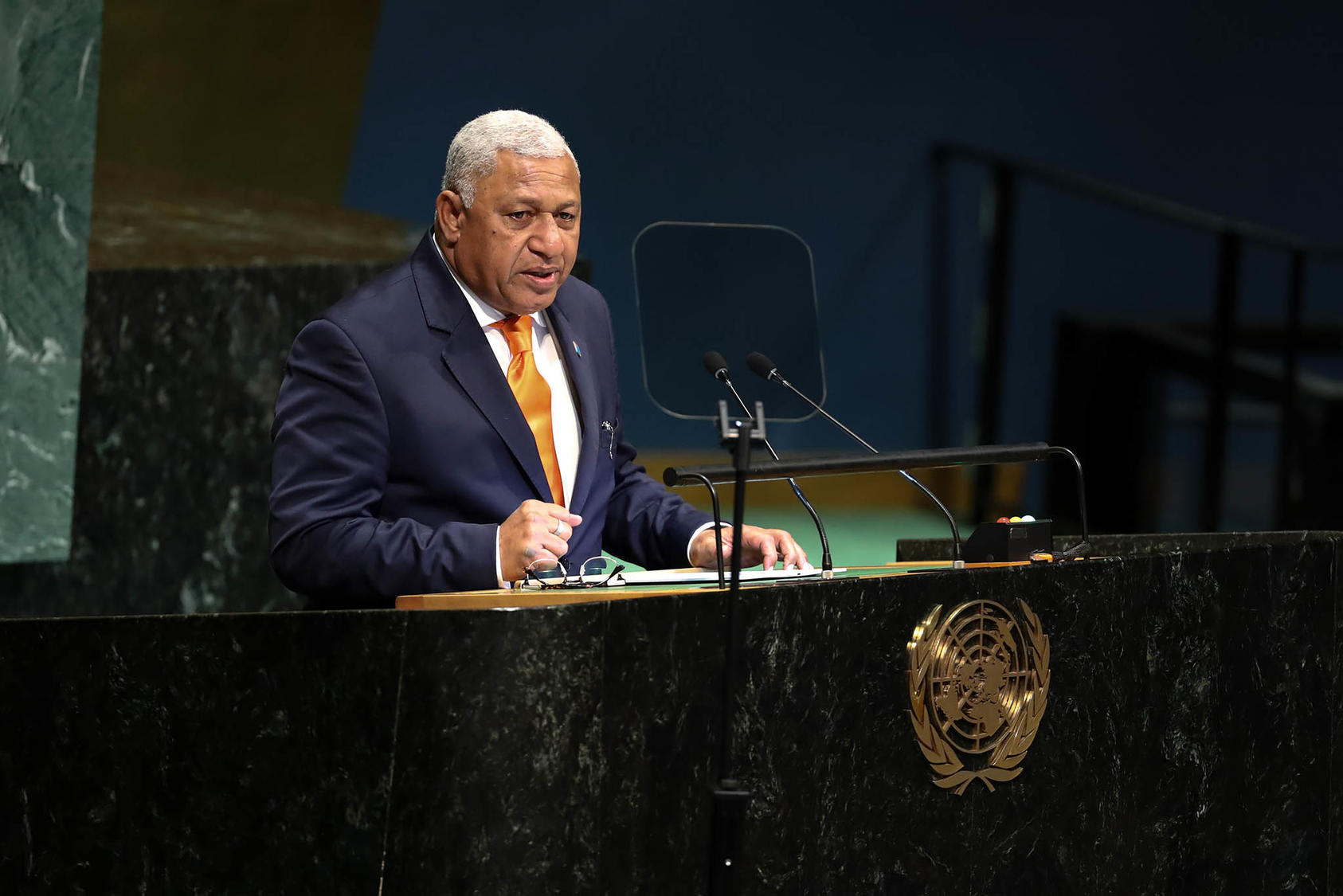 Fiji Prime Minister Frank Bainimarama addresses the U.N. General Assembly in New York City. September 28, 2018. (Chang W. Lee/The New York Times)