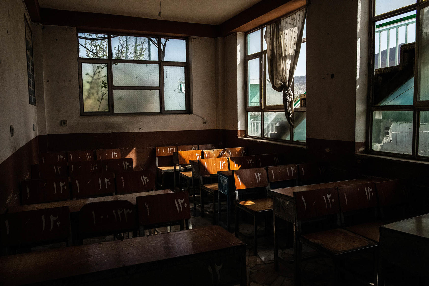 An empty classroom at a private school for girls in Kabul, Afghanistan, March 26, 2022. (Bryan Denton/The New York Times)