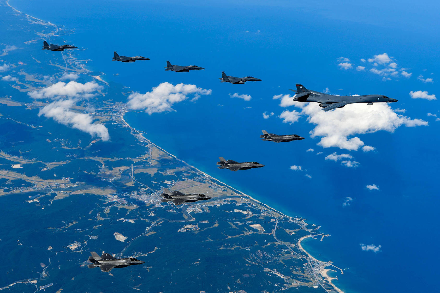  Air Force and Marine Corps aircraft conduct a mission with the South Korean air force over the Korean Peninsula. (Staff Sgt. Steven Schneider/U.S. Army)