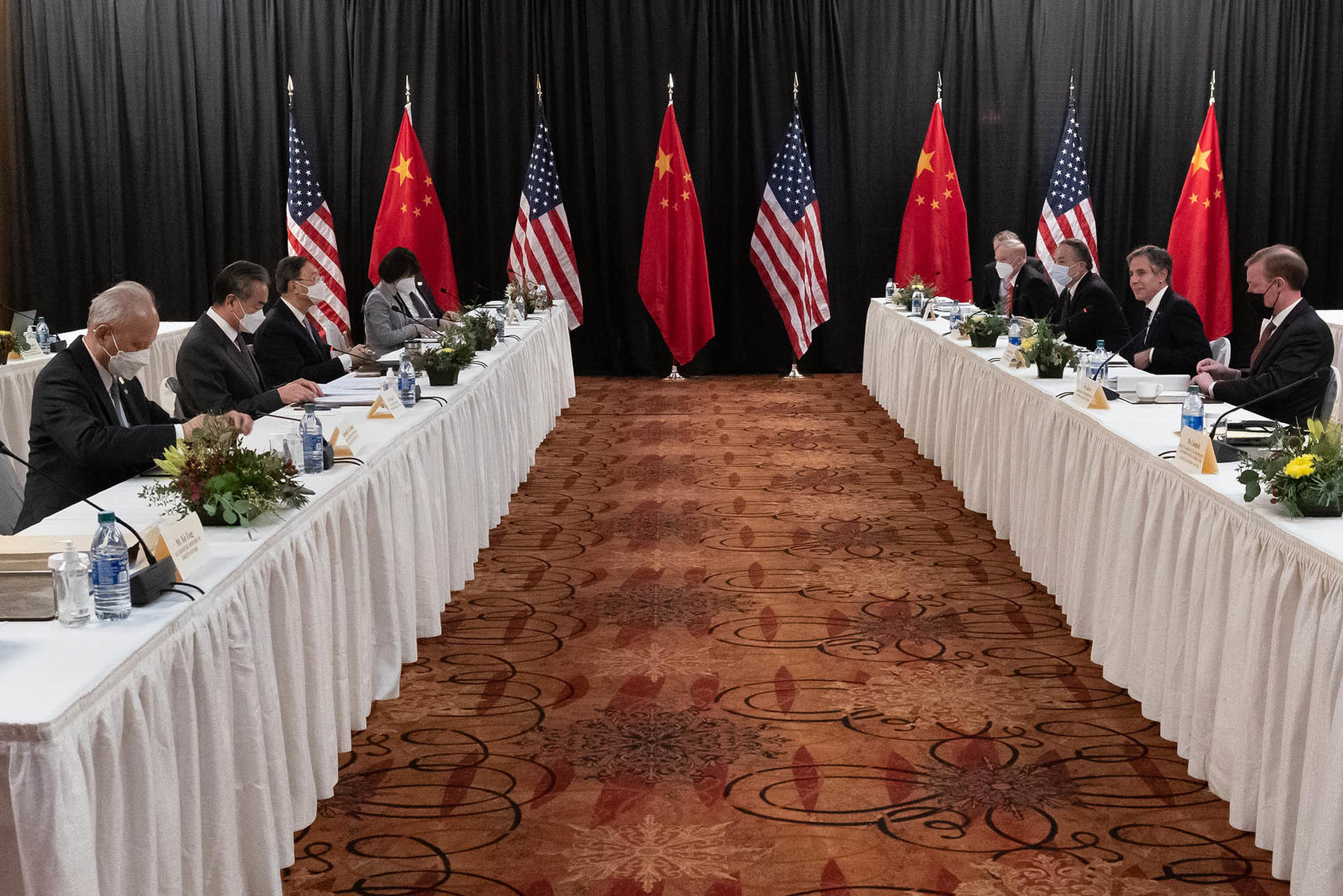 Secretary of State Antony J. Blinken and National Security Advisor Jake Sullivan meet with top Chinese diplomats in Anchorage, Alaska, March 18, 2021. (Ron Przysucha/U.S. State Department)