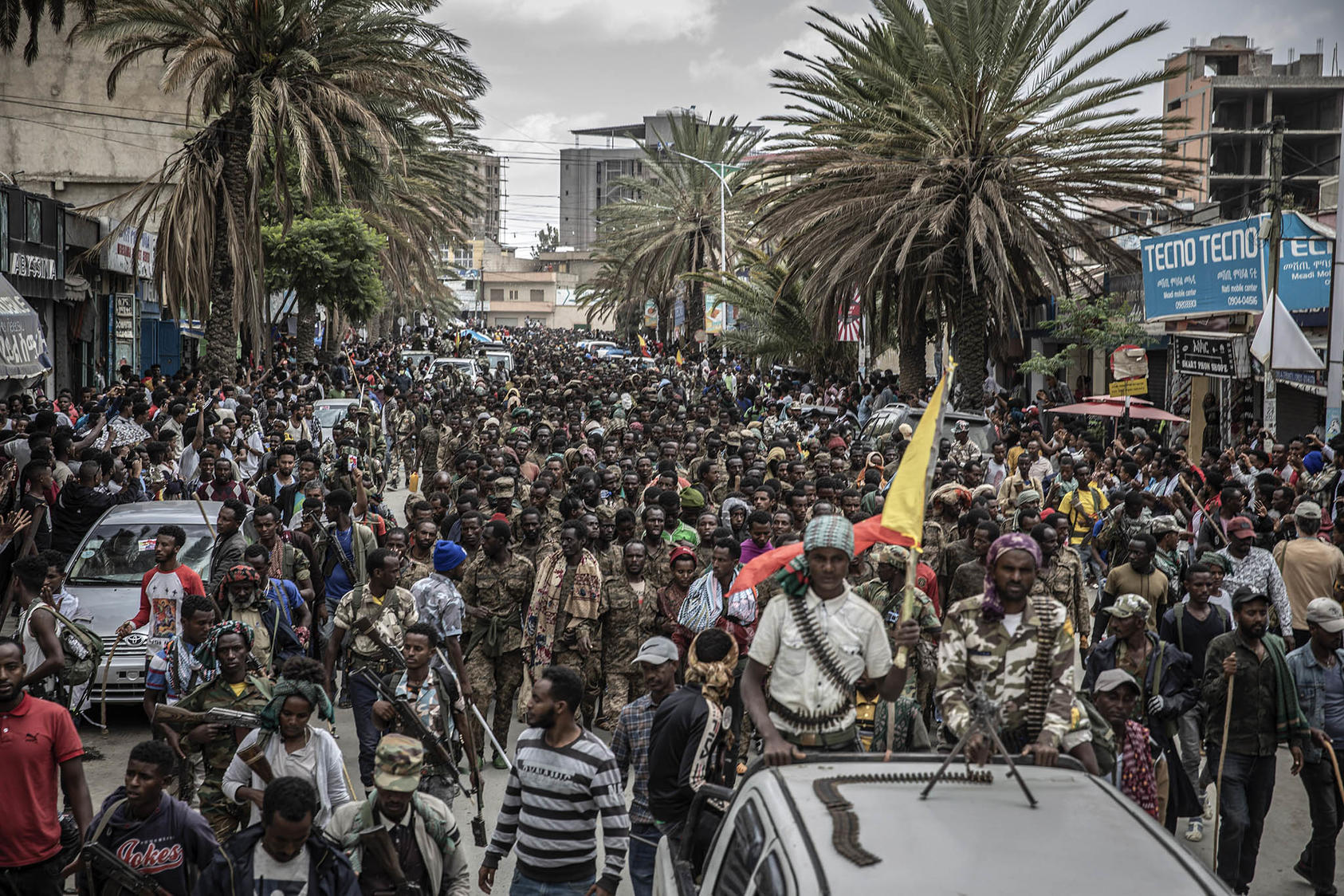 Tigrayan rebels march defeated Ethiopian troops through Tigray’s regional capital in 2021, amid the civil war that has now seen a truce. Atrocities committed in the war complicate efforts toward a full peace accord. (Finbarr O'Reilly/The New York Times)