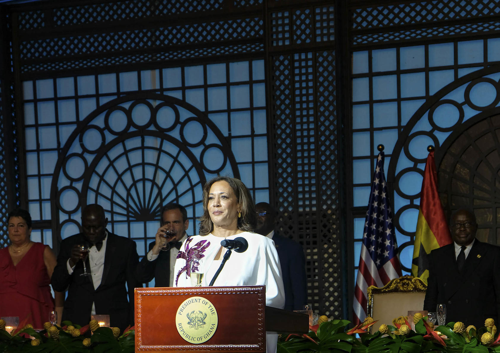 Vice President Kamala Harris speaks at a state banquet during her visit to Ghana. She underscored U.S. support for Ghana’s democracy and for stability in West Africa, which is facing violent insurgencies in the Sahel. (Jessica Sarkodie/The New York Times)