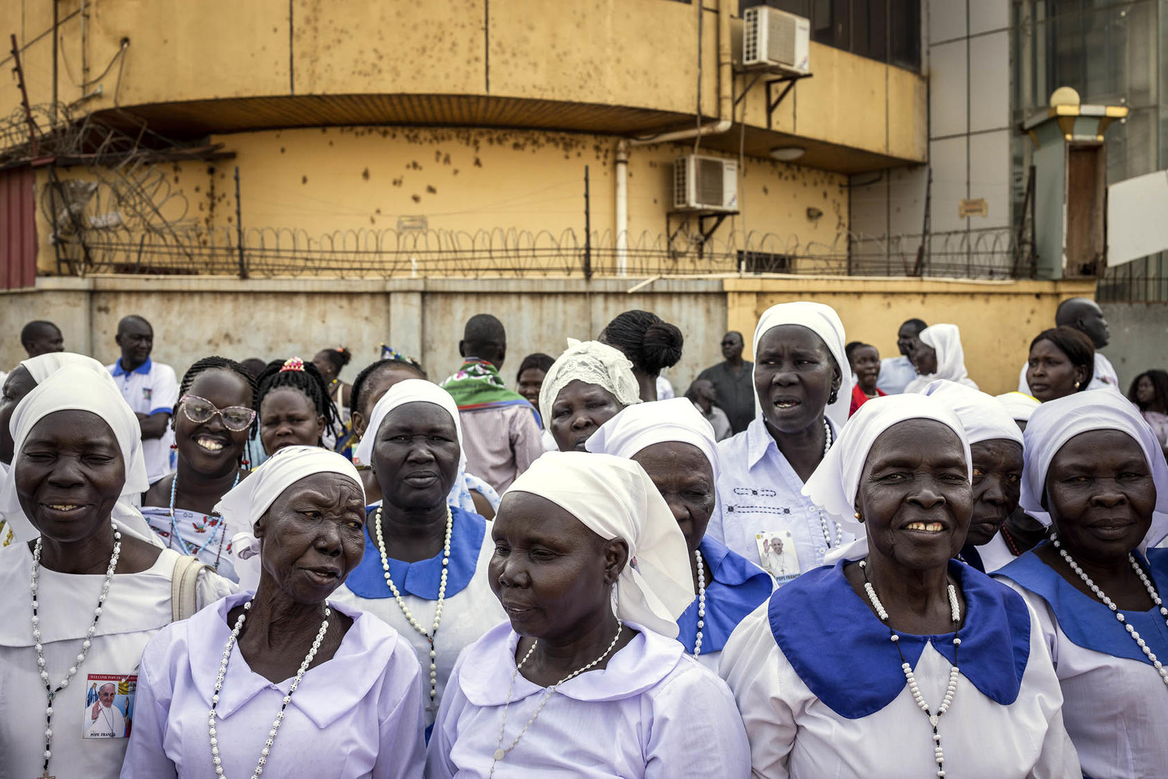Nuns gather outside the airport in Juba, South Sudan to welcome Pope Francis on Friday, Feb. 3, 2023. (Jim Huylebroek/The New York Times)