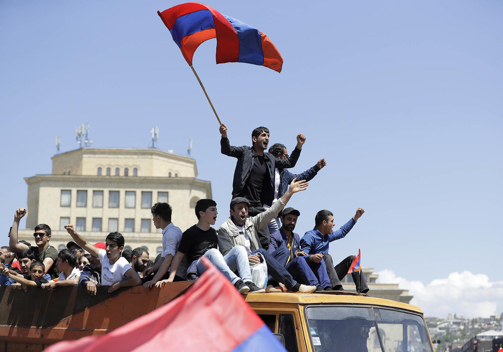 Supporters of opposition leader Nikol Pashinyan protest in Republic Square in Yerevan, Armenia, on May 2, 2018. (Photo by Sergei Grits/AP)