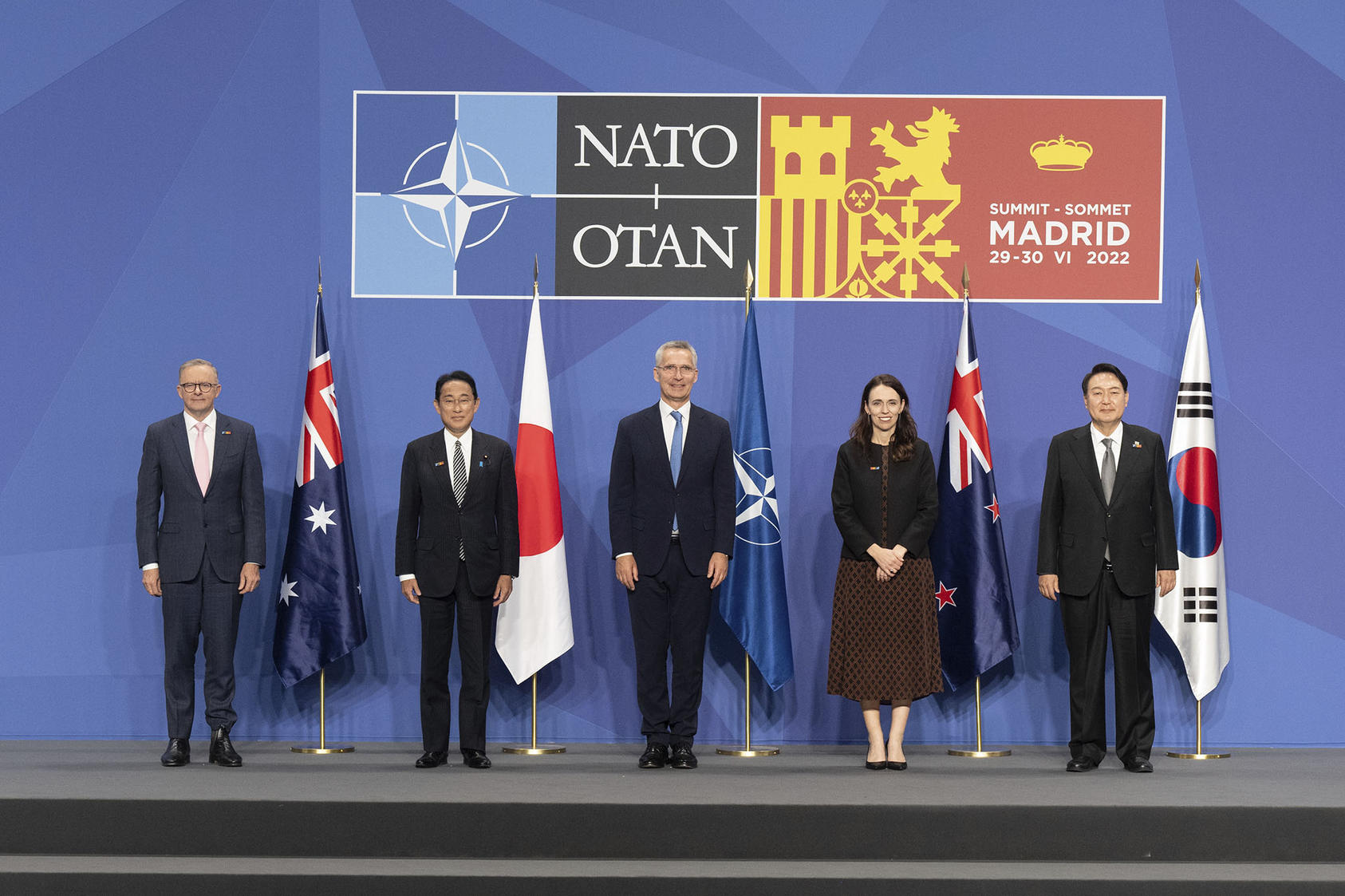 NATO Secretary-General  Jens Stoltenberg (center) with the heads of state from Australia, Japan, New Zealand and South Korea, June 2022. This marked the first time the leaders of the IP4 countries joined a NATO leaders’ level meeting. (NATO)