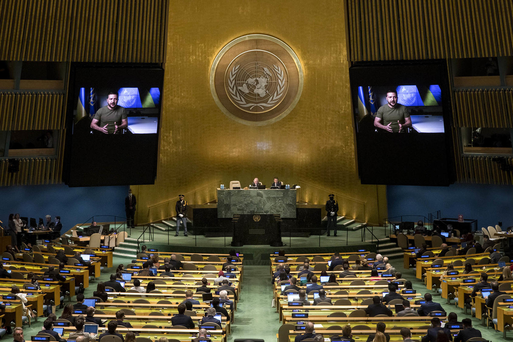 President Volodymyr Zelenskyy of Ukraine offers remarks at the U.N. General Assembly, Sept. 21, 2022. He said that Russia should be stripped of its veto power on the Security Council after its crimes against his country. (Dave Sanders/The New York Times)
