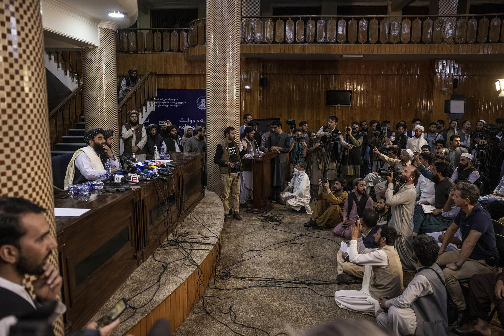 A Taliban spokesman addresses reporters in Kabul, Afghanistan, Aug. 17, 2021. The group’s public messaging capacity has seen a  significant jump since they appropriated the former government’s state media apparatus. (Jim Huylebroek/The New York Times)