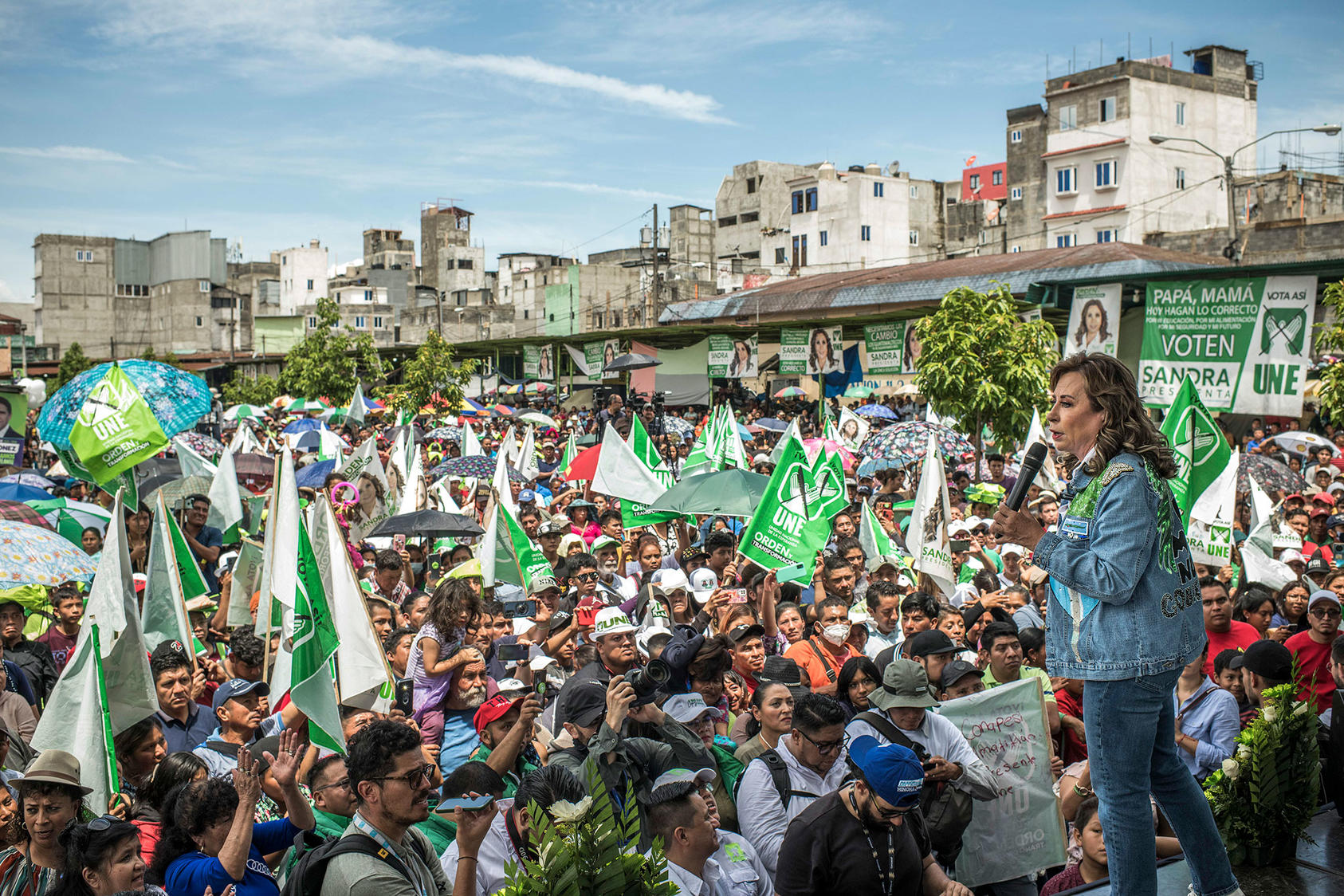Presidential candidate Sandra Torres, who led after first-round voting, delivers during a rally at La Terminal wholesale market, in Guatemala City on Friday, June 23, 2023. (Daniele Volpe/The New York Times)
