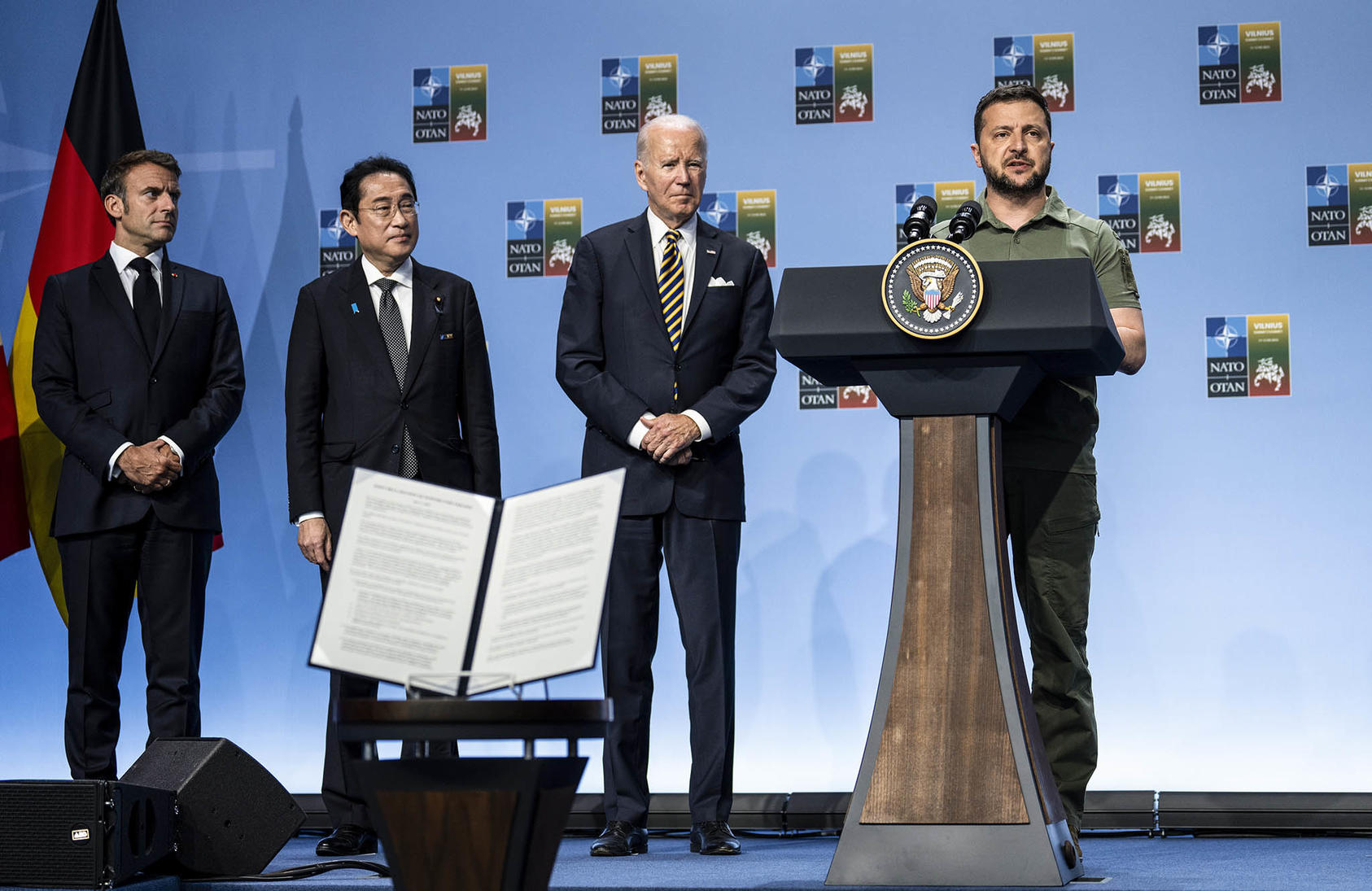 Ukraine’s President Volodymyr Zelenskyy speaks alongside the leaders of France, Japan and the United States in July as their nations and others restated support for Ukraine and its diplomatic efforts on a peace plan. (Doug Mills/The New York Times)
