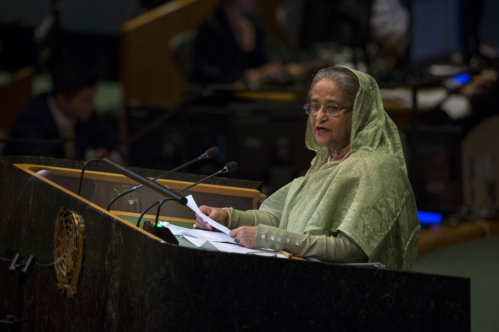 Prime Minister Sheikh Hasina of Bangladesh addresses the 73rd United Nations General Assembly in New York, Sept. 27, 2018. (Dave Sanders/The New York Times)
