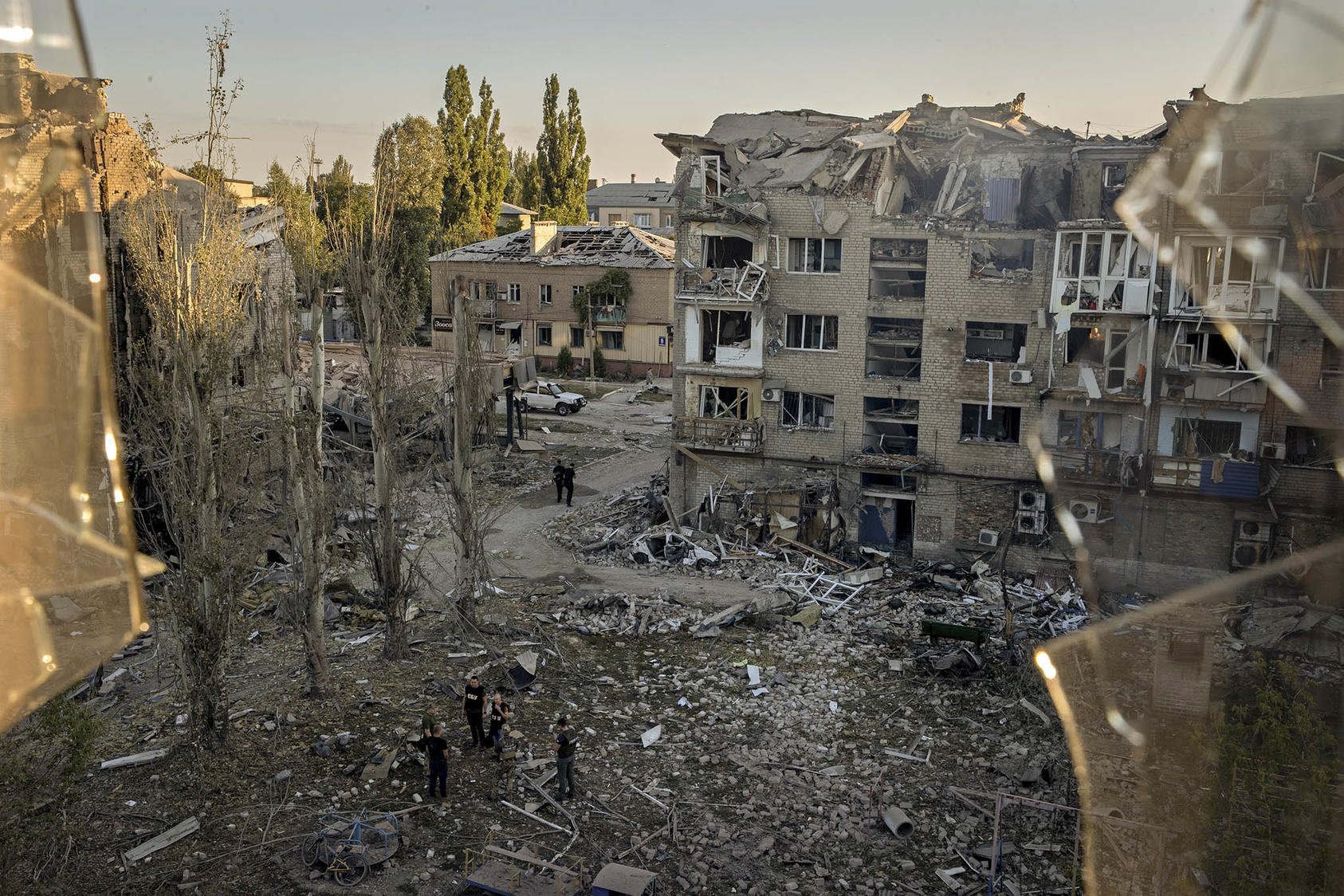Damage from two Russian missile strikes in the Ukrainian city of Pokrovsk, about 43 miles to the east of the Russian-occupied city of Donetsk and 30 miles from the front line, on Tuesday, Aug. 8, 2023. (Tyler Hicks/The New York Times)