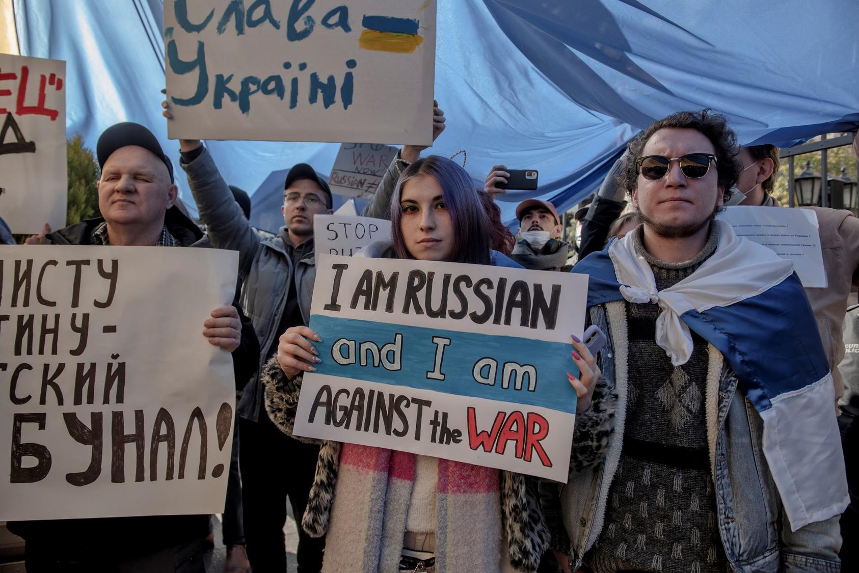 A protest against the war in Ukraine, in Tbilisi, Georgia, where 20,000 Russians have arrived since the start of the war in Ukraine, March 12, 2022. (Laetitia Vancon/The New York Times)