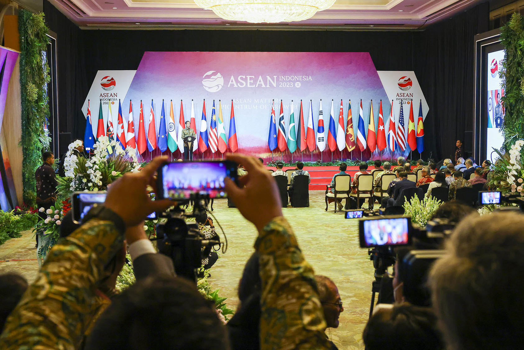 Indonesian President Widodo awaiting the start of a press conference during the ASEAN Foreign Ministers Summit in Jakarta, Indonesia. July 14, 2023. (Rory Arnold/U.K. Foreign, Commonwealth and Development Office)
