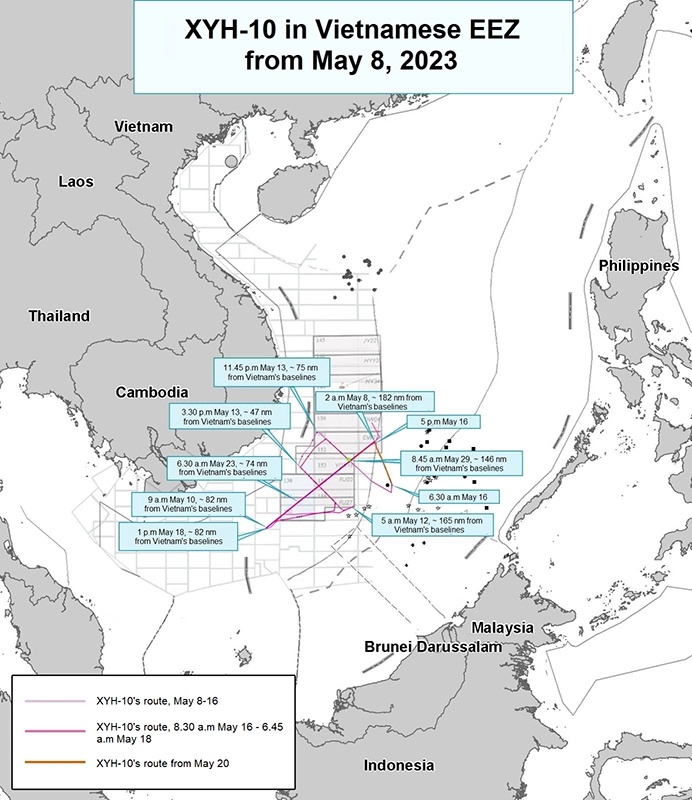 This graphic depicts the route of a Chinese survey vessel, the XYH-10, as it traversed Vietnam’s exclusive economic zone in May 2023. (The East Sea Institute)
