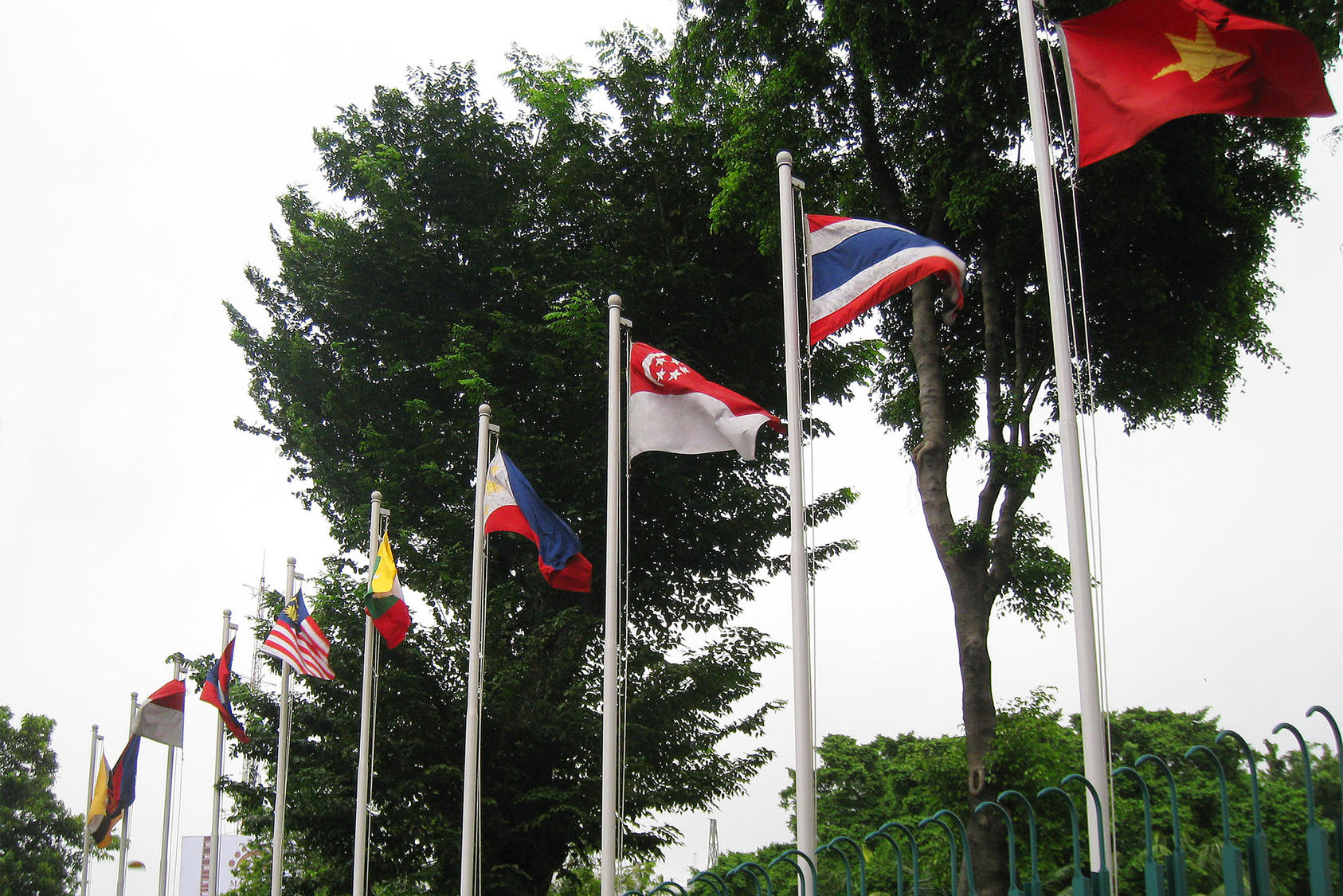 The flags of Association of Southeast Asia Nations (ASEAN) members in ASEAN headquarter at Jalan Sisingamangaraja No.70A, South Jakarta, Indonesia. From left the flags of: Brunei, Cambodia, Indonesia, Laos, Malaysia, Myanmar, Philippines, Singapore, Thailand, Vietnam. (Wikimedia Commons)