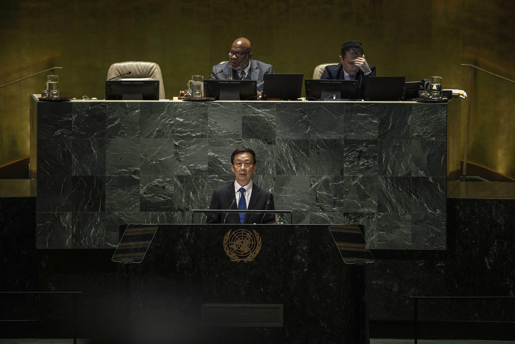 Vice President of China Han Zheng addresses the 78th session of the United Nations General Assembly at U.N. headquarters in New York on Thursday, Sept. 21, 2023. (Dave Sanders/The New York Times)